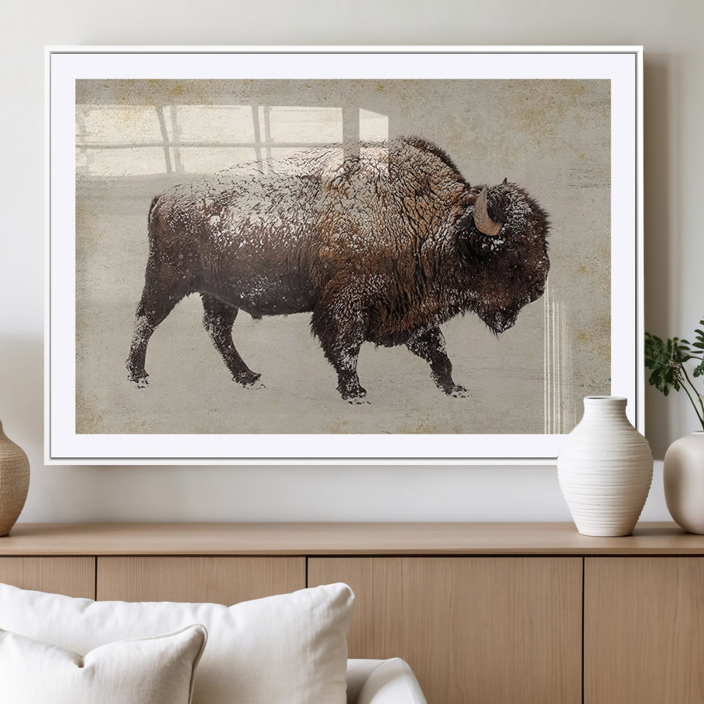 54810031-MGC-FP-40x30_White-Snow-dusted bison silhouette textured vintage style rugged wildlife art with neutral tones perfect for rustic home decor Wall Art Canvas Print design