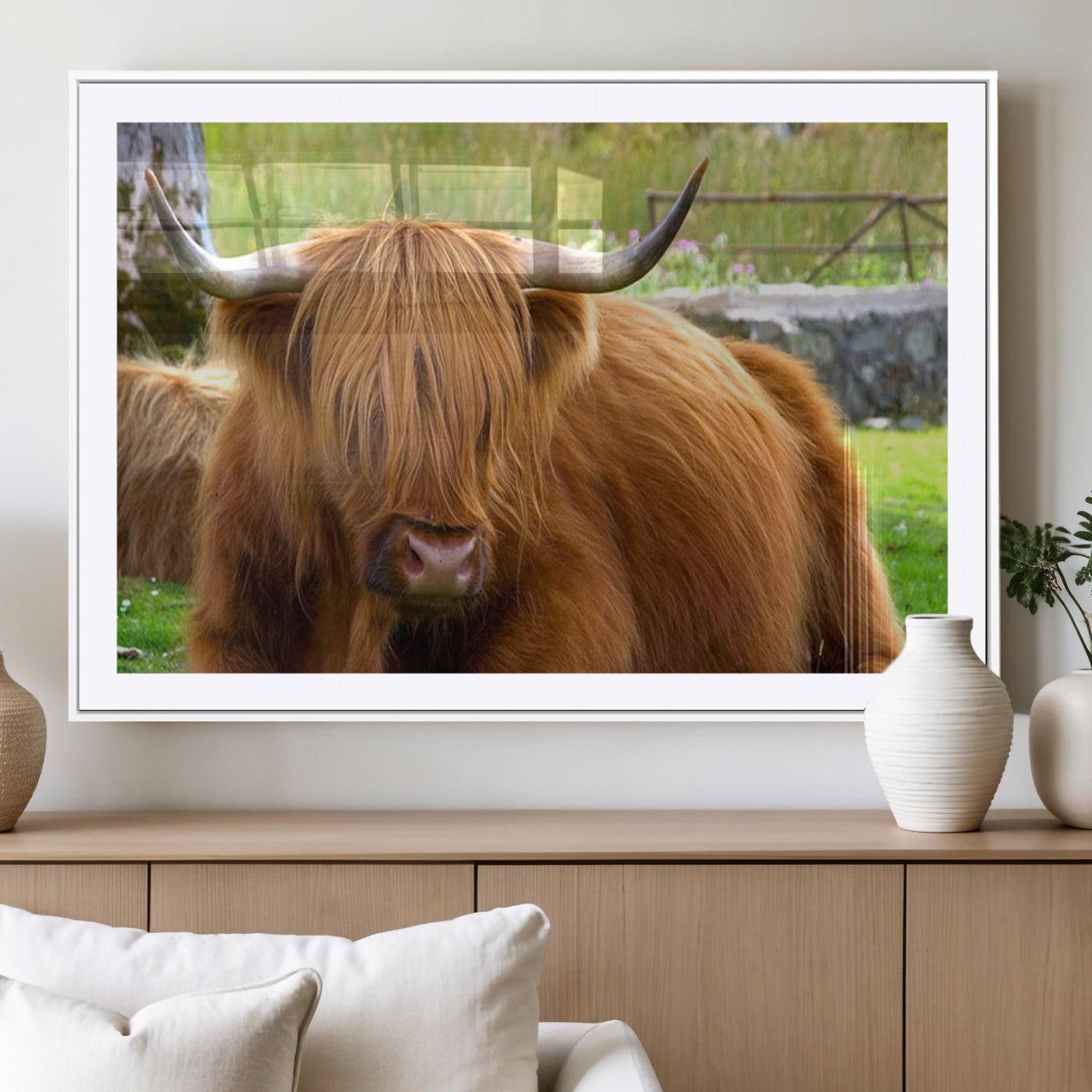 68411138-MGC-FP-40x30_White-Highland Cow Long Hair Rustic Farm Animal Horns Green Pasture Natural Beauty Outdoor Wall Art Canvas Print