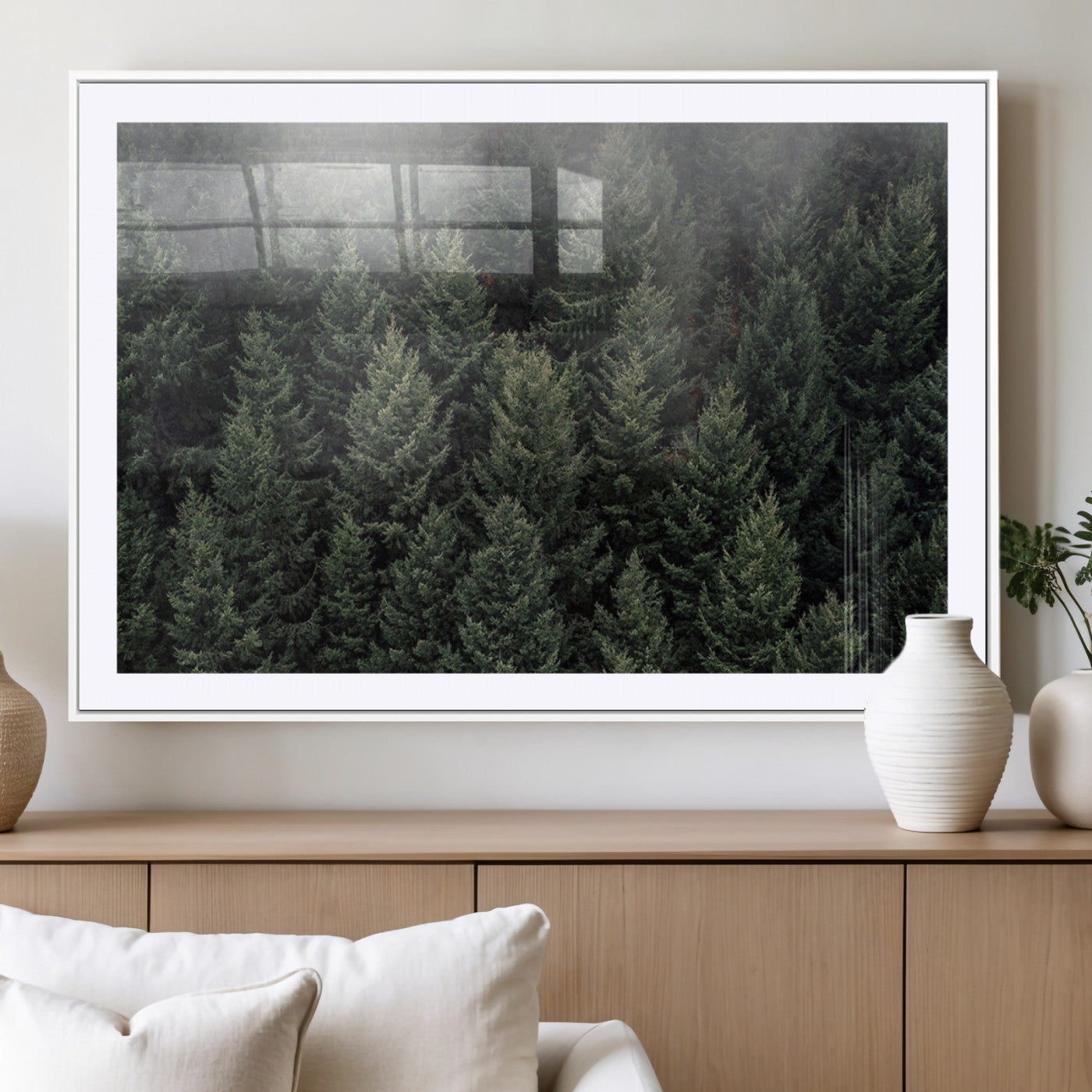 84059409-MGC-FP-40x30_White-Dense Evergreen Forest Misty Morning Fog Pine Trees Woodland Nature Landscape Calm Peaceful Scenic Wall Art Canvas Print