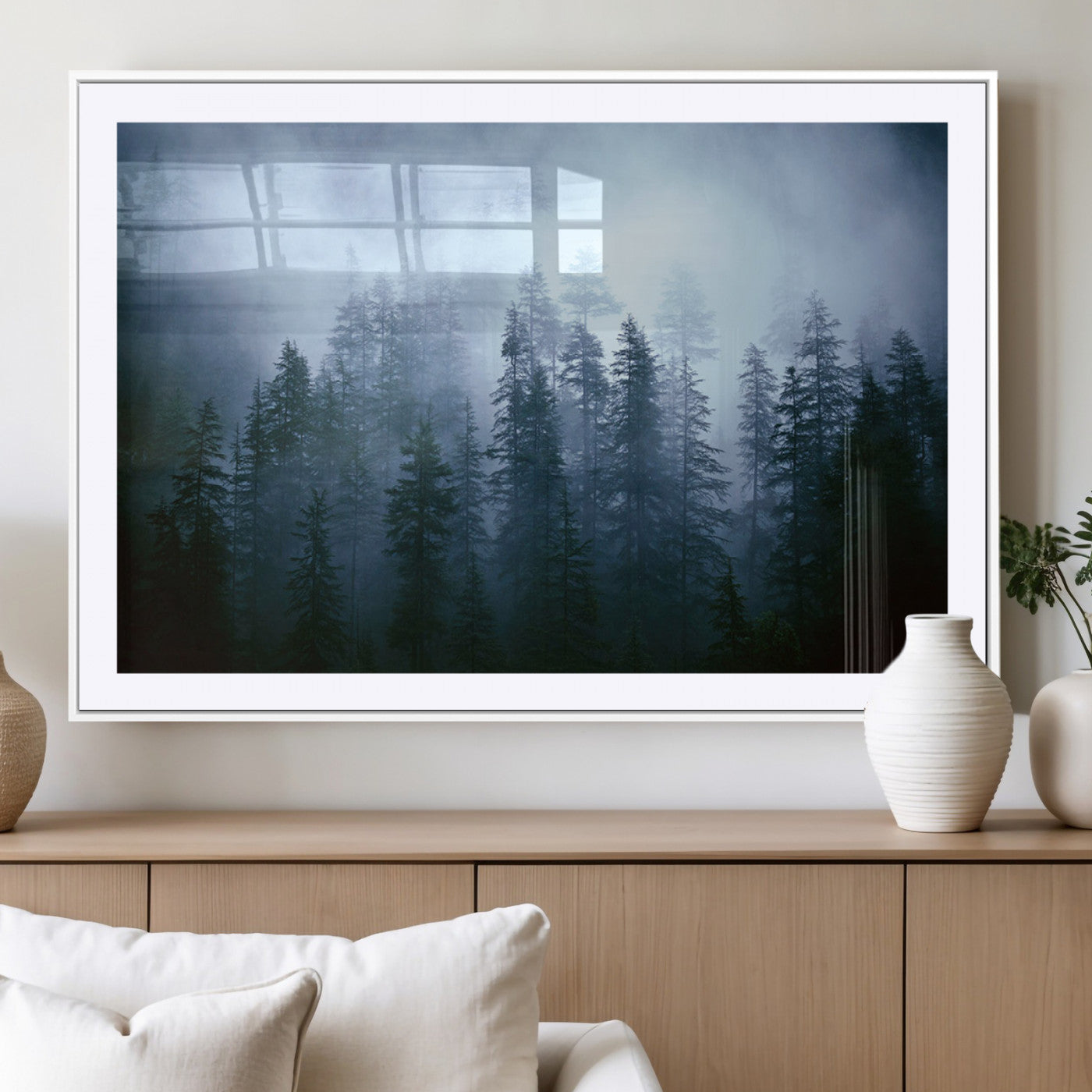 93439624-MGC-FP-40x30_White-Foggy Evergreen Pines Mist Forest Blue Haze Moody Atmospheric Wilderness Nature Trees Scenic Tranquil Peaceful Landscape Wall Art Canvas Print