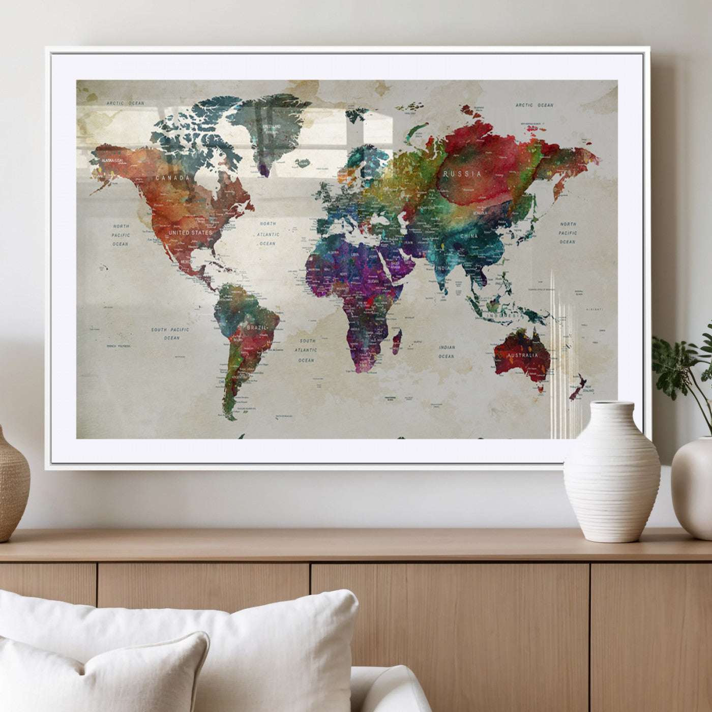 Colorful watercolor world map with countries labeled, featuring rich, vibrant hues across continents on a vintage beige background, Wall Art Canvas Print style.