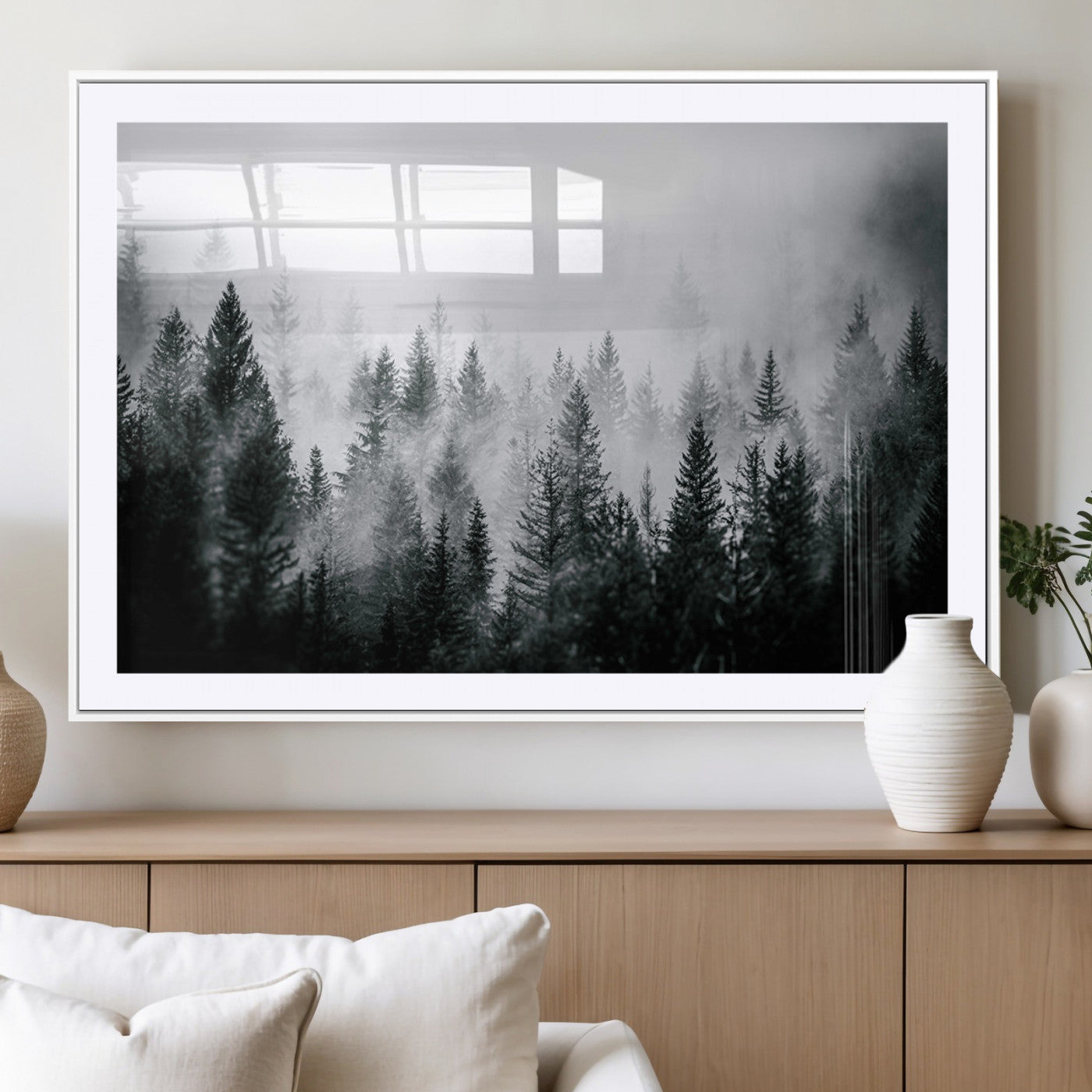 Horizontal black and white canvas wall art of foggy pine forest landscape for modern and rustic home decor