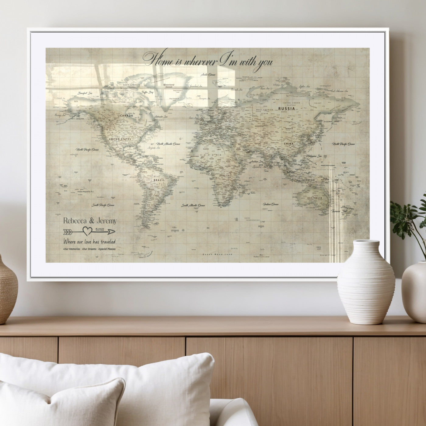 MGC-FP-36x24 - Personalized World Map Wall Art Canvas Print – Custom Push Pin Travel Map for Couples, Families, or Office Décor