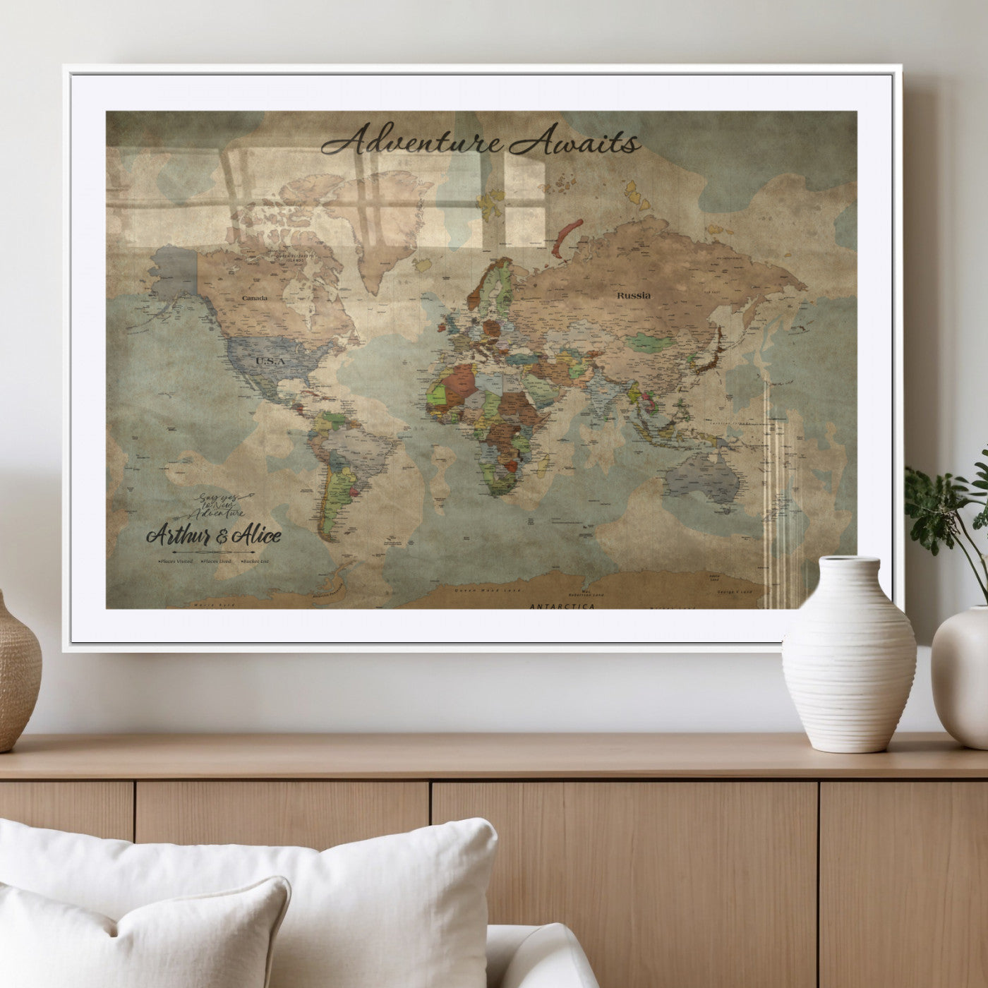 MGC-FP-36x24 - Personalized World Map Wall Art Canvas Print – Custom Push Pin Travel Map for Couples, Families, or Office Décor
