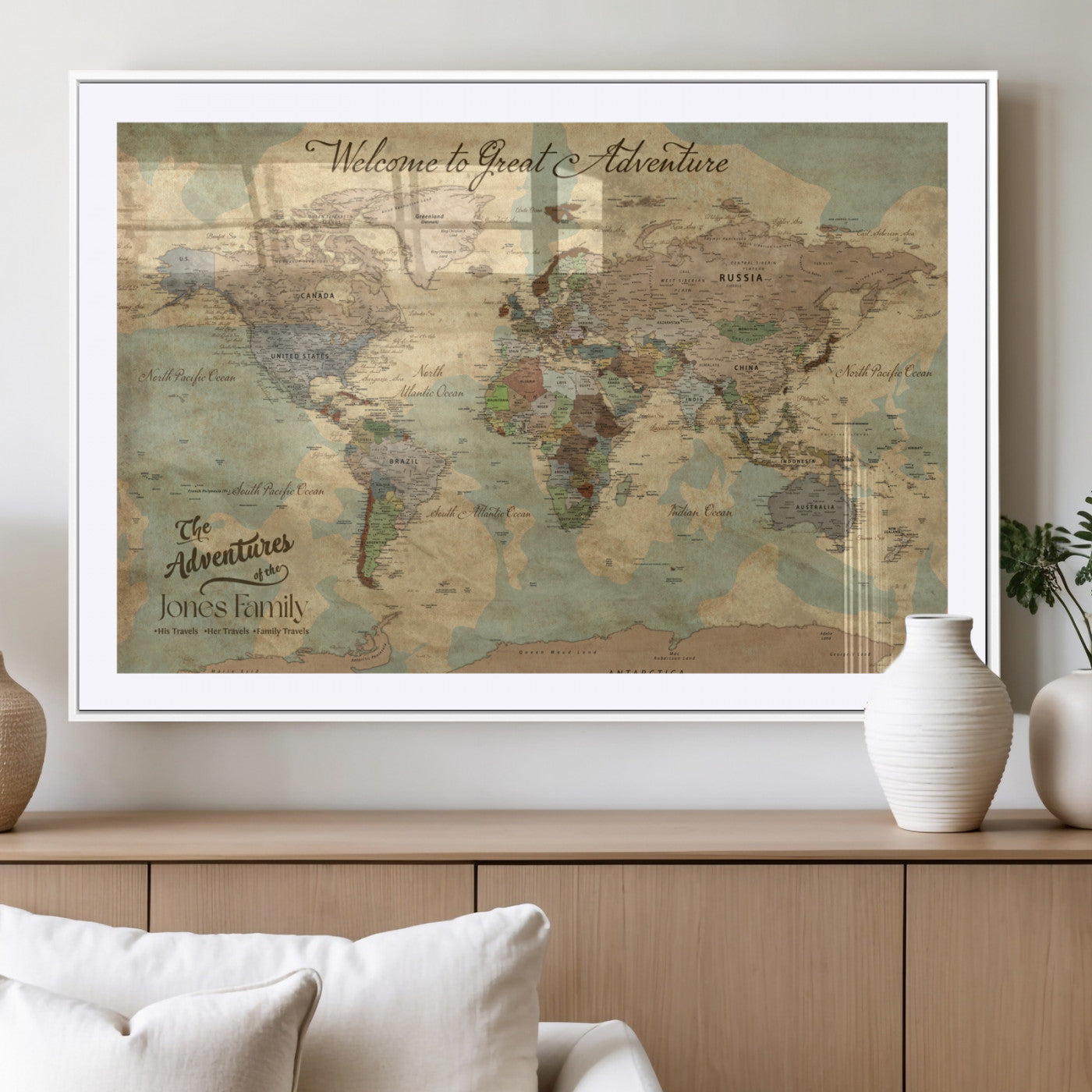 MGC-FP-36x24 - Personalized World Map Wall Art Canvas Print – Custom Push Pin Travel Map for Couples, Families, or Office Décor