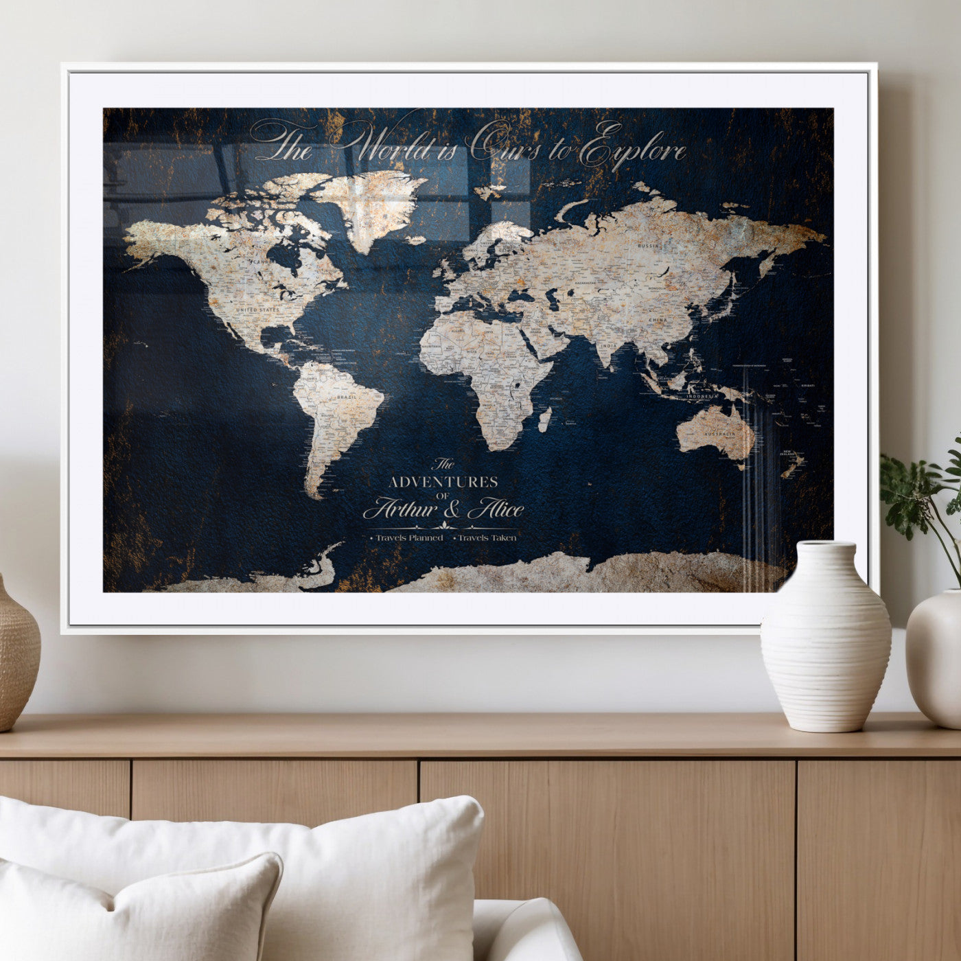 MGC-FP-36x24 - Personalized World Map Wall Art Canvas Print – Custom Push Pin Travel Map for Couples, Families, or Office Décor
