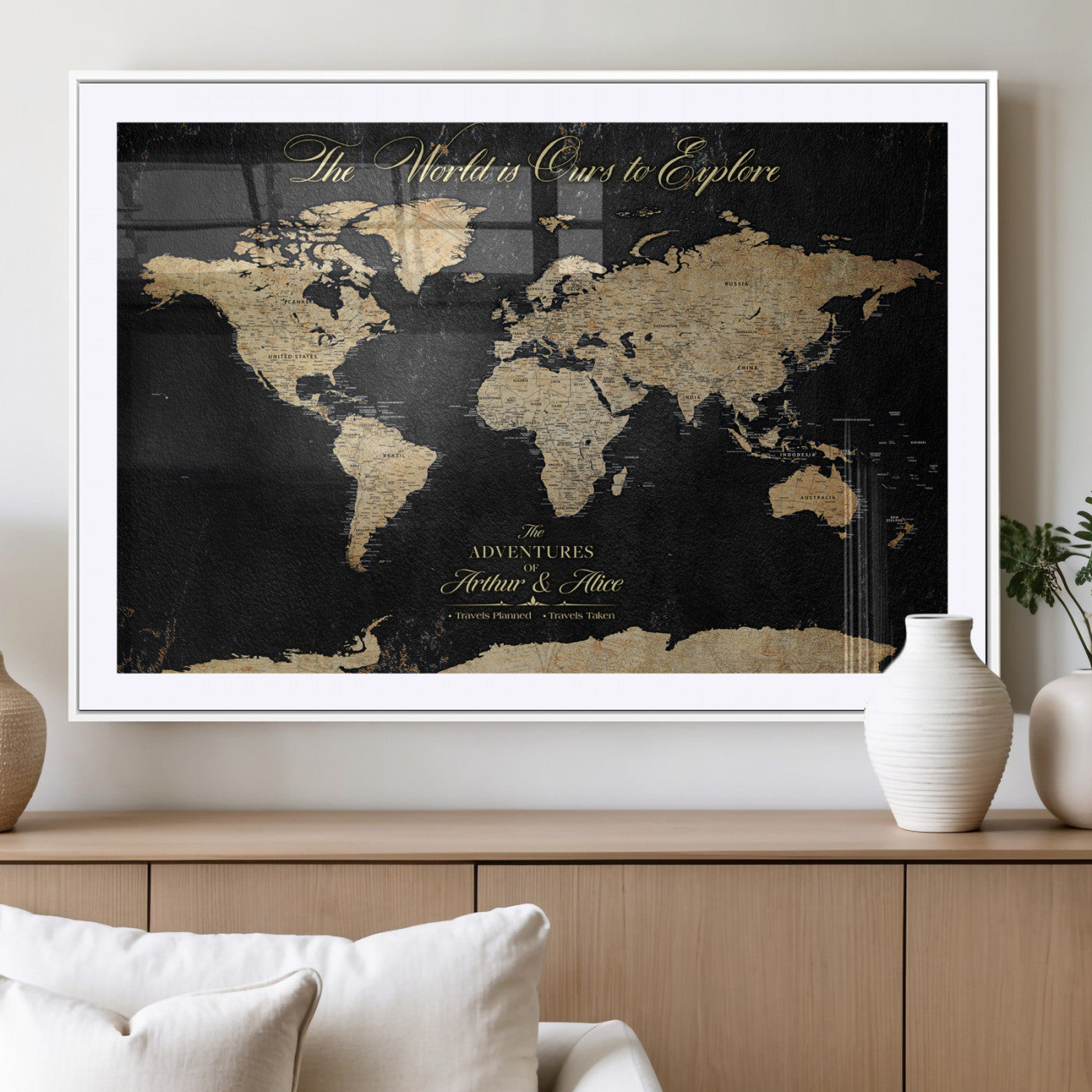 MGC-FP-36x24 - Personalized World Map Wall Art Canvas Print – Custom Push Pin Travel Map for Couples, Families, or Office Décor