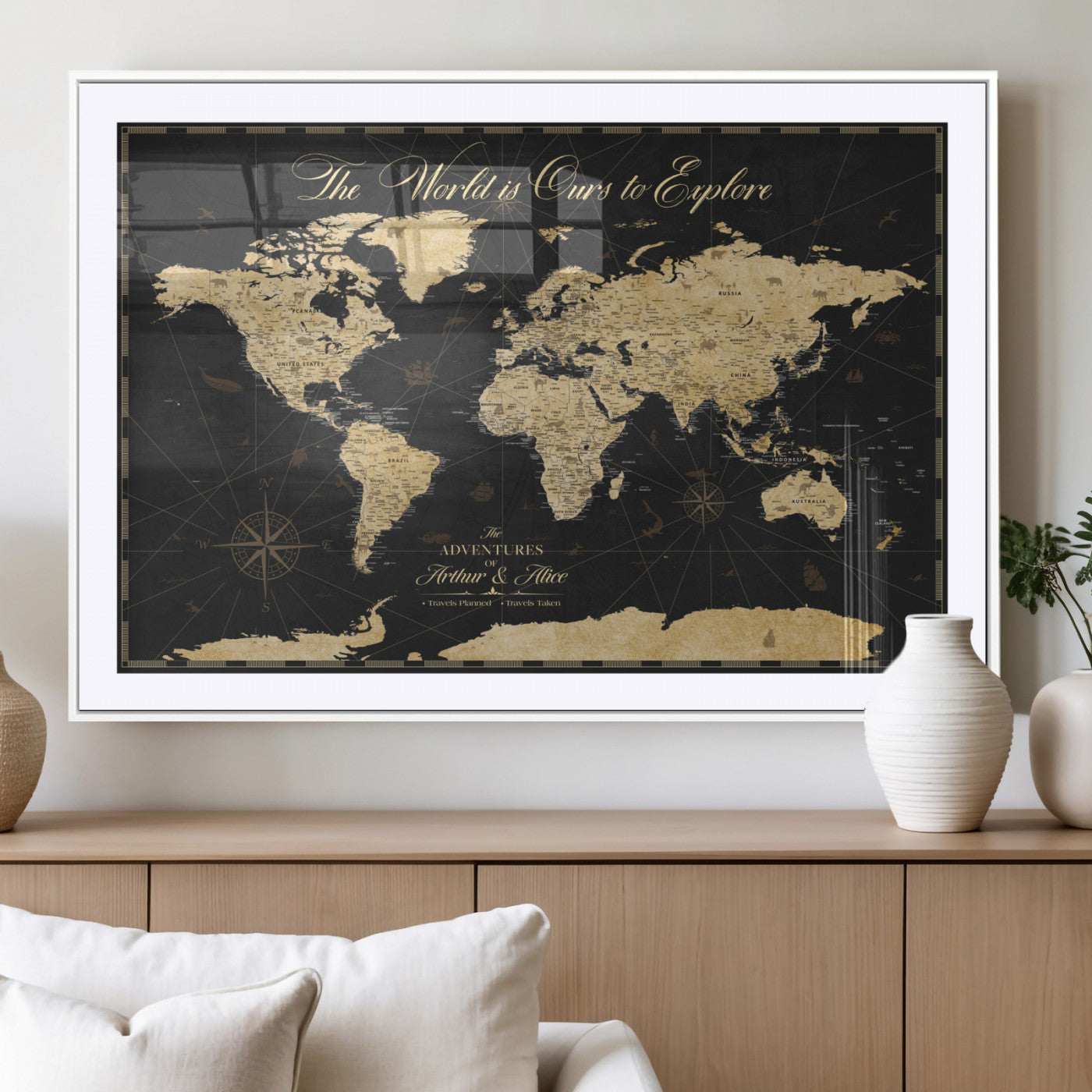 MGC-FP-36x24 - Personalized World Map Wall Art Canvas Print – Custom Push Pin Travel Map for Couples, Families, or Office Décor