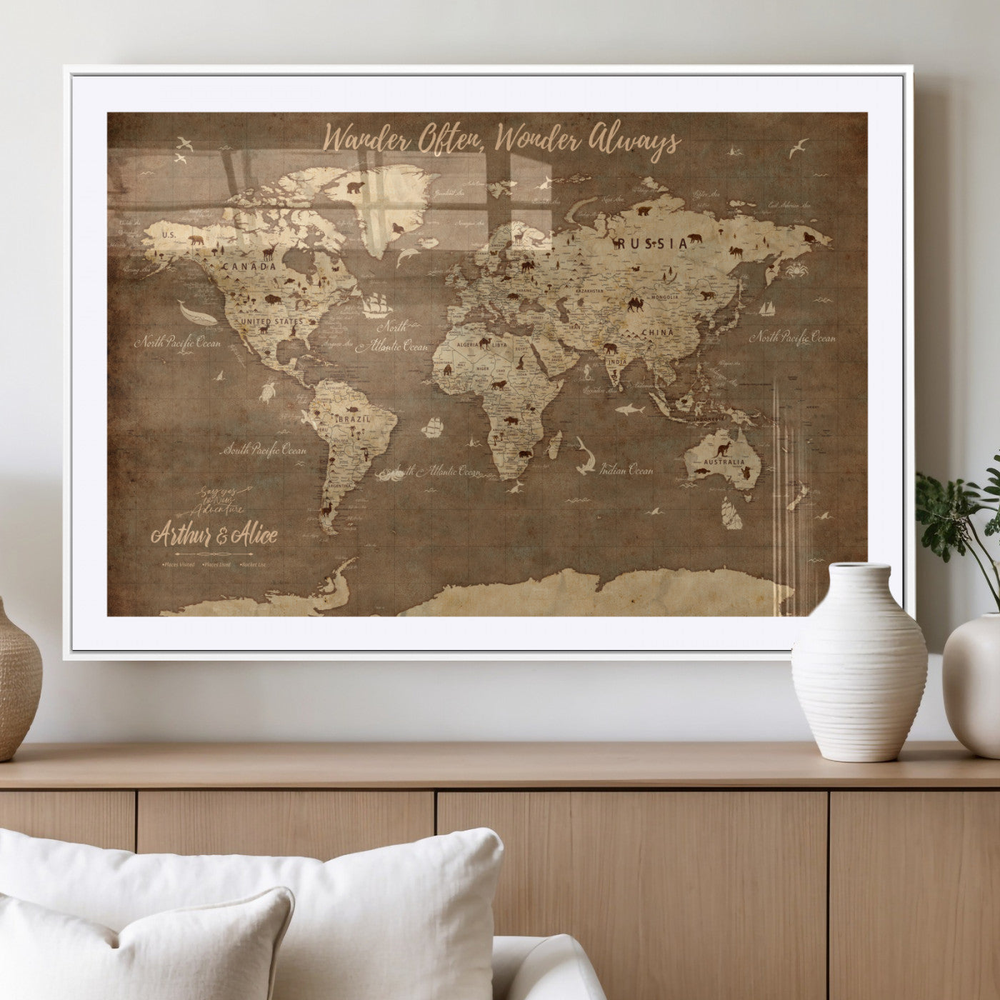 MGC-FP-36x24 - Personalized World Map Wall Art Canvas Print – Custom Push Pin Travel Map for Couples, Families, or Office Décor