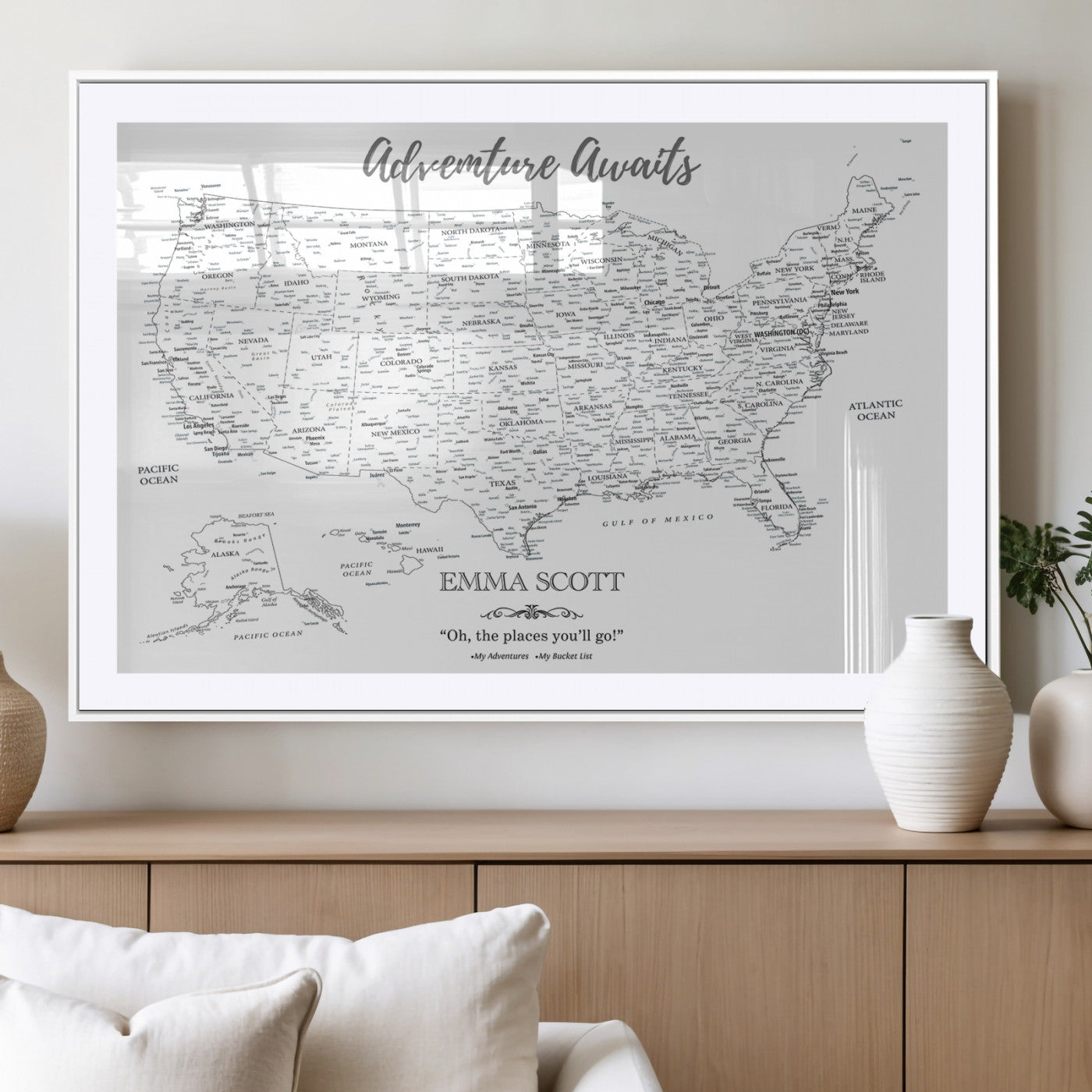 MGC-FP-36x24 - Personalized US Map Wall Art Canvas Print – Custom Push Pin Travel United States US Map for Couples, Families, or Office Décor