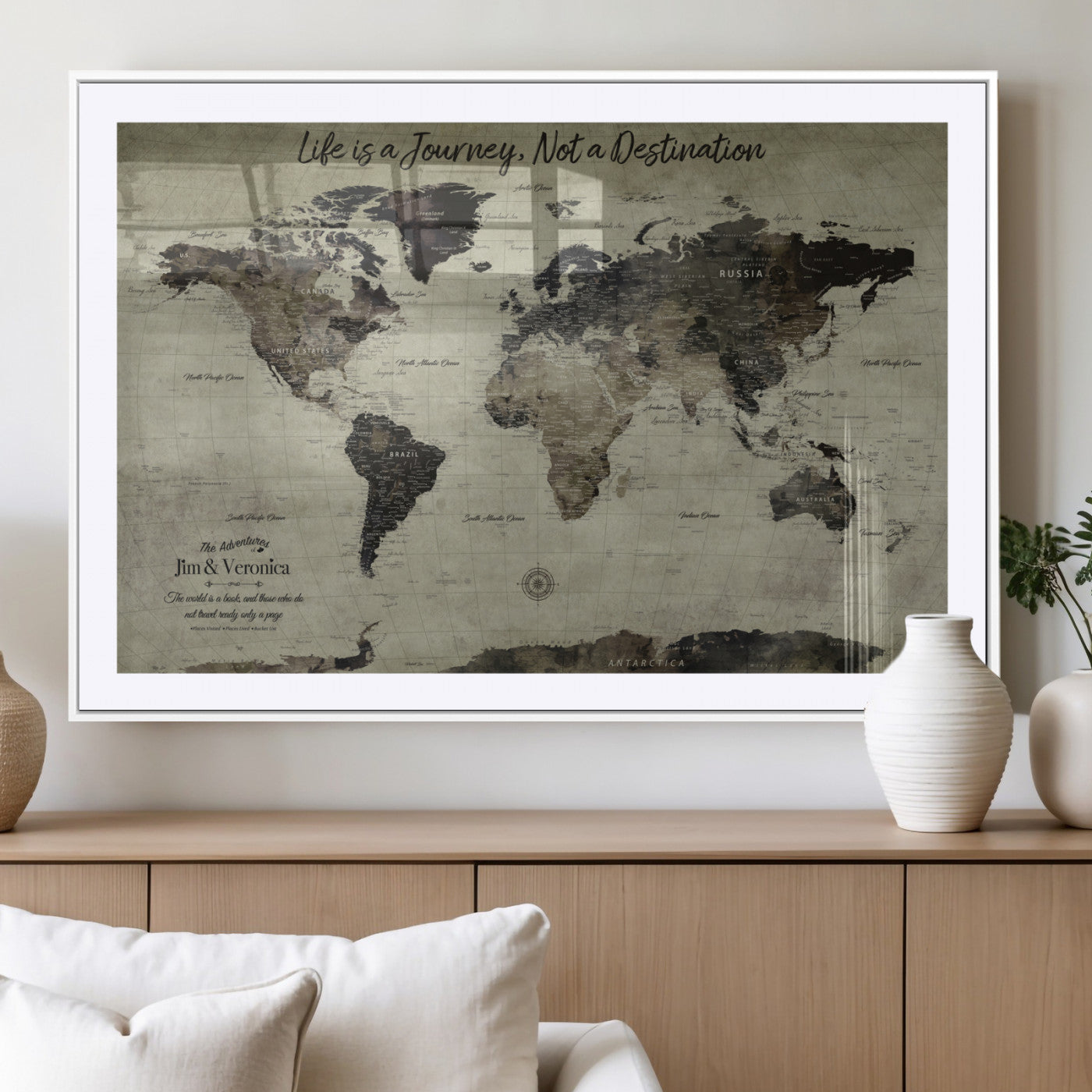 MGC-FP-36x24 - Personalized World Map Wall Art Canvas Print – Custom Push Pin Travel Map for Couples, Families, or Office Décor