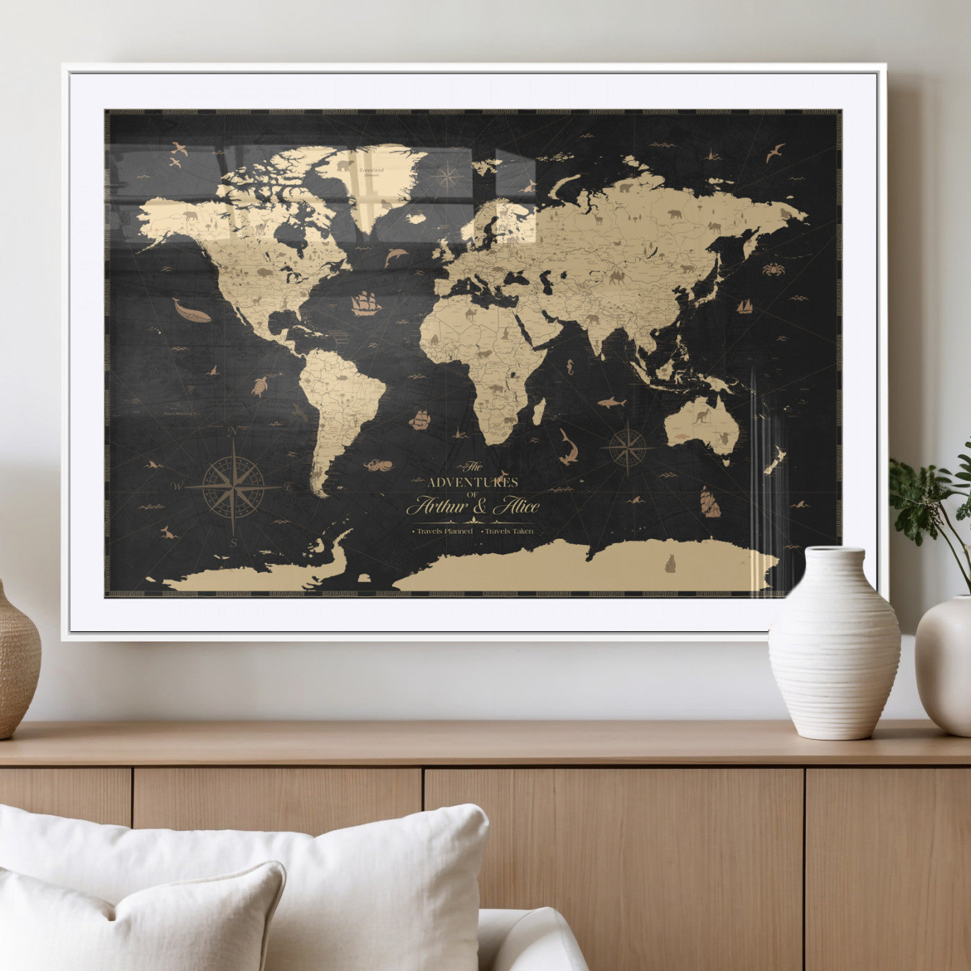 MGC-FP-36x24 - Personalized World Map Wall Art Canvas Print – Custom Push Pin Travel Map for Couples, Families, or Office Décor