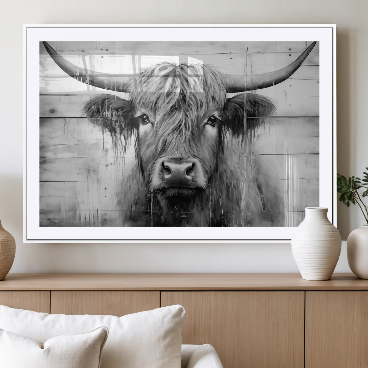 1001HASAN27-MGC-FP-36x24 - Black White Highland Cow Wall Art Canvas Print