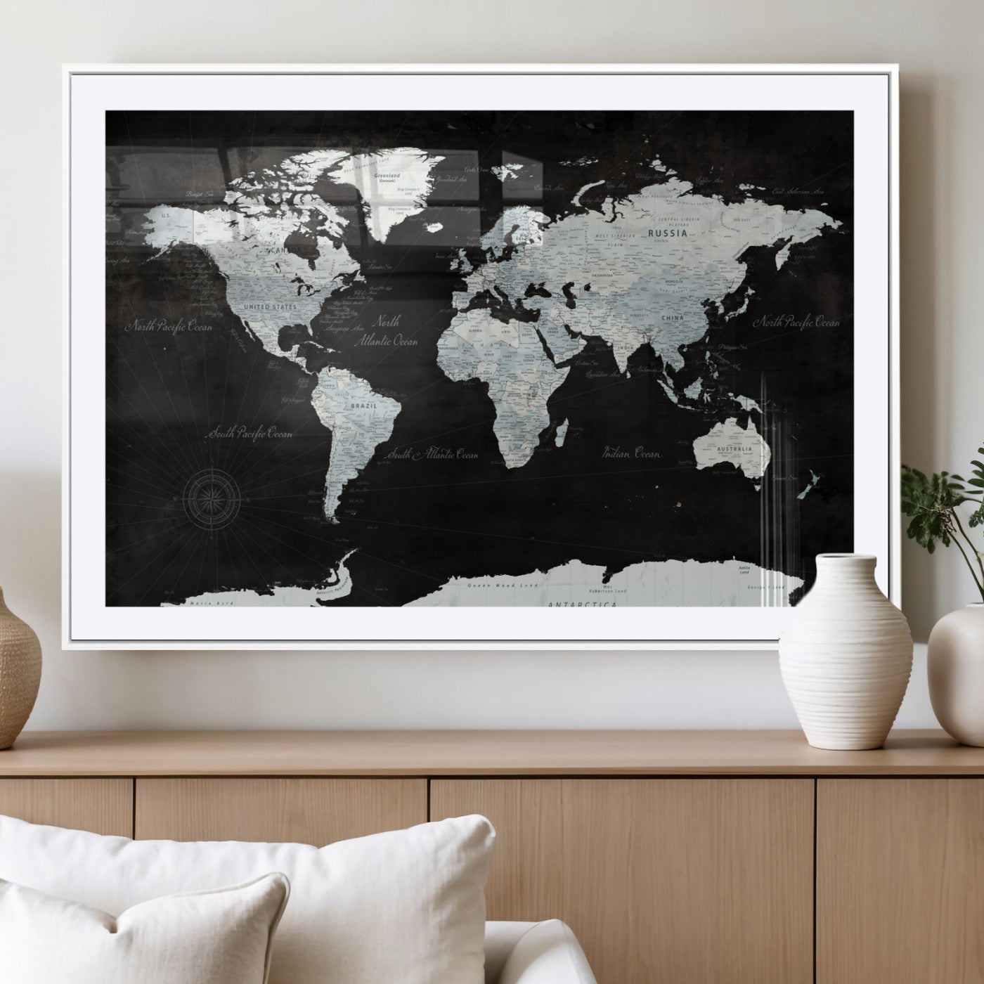30759283-MGC-FP-36x24 - World Map Wall Art Canvas Print, Modern Decorative Framed Map Artwork Prints for Living Room, Office, Bedroom Wall Decor