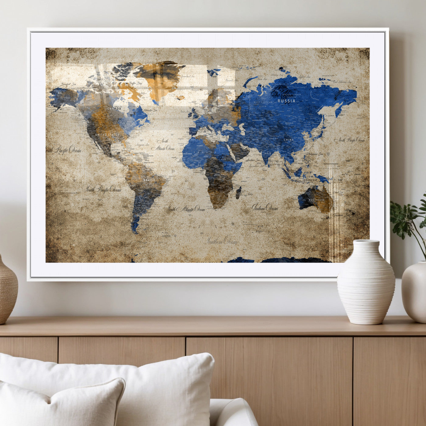 13564339-MGC-FP-36x24 - World Map Wall Art Canvas Print, Modern Decorative Framed Map Artwork Prints for Living Room, Office, Bedroom Wall Decor