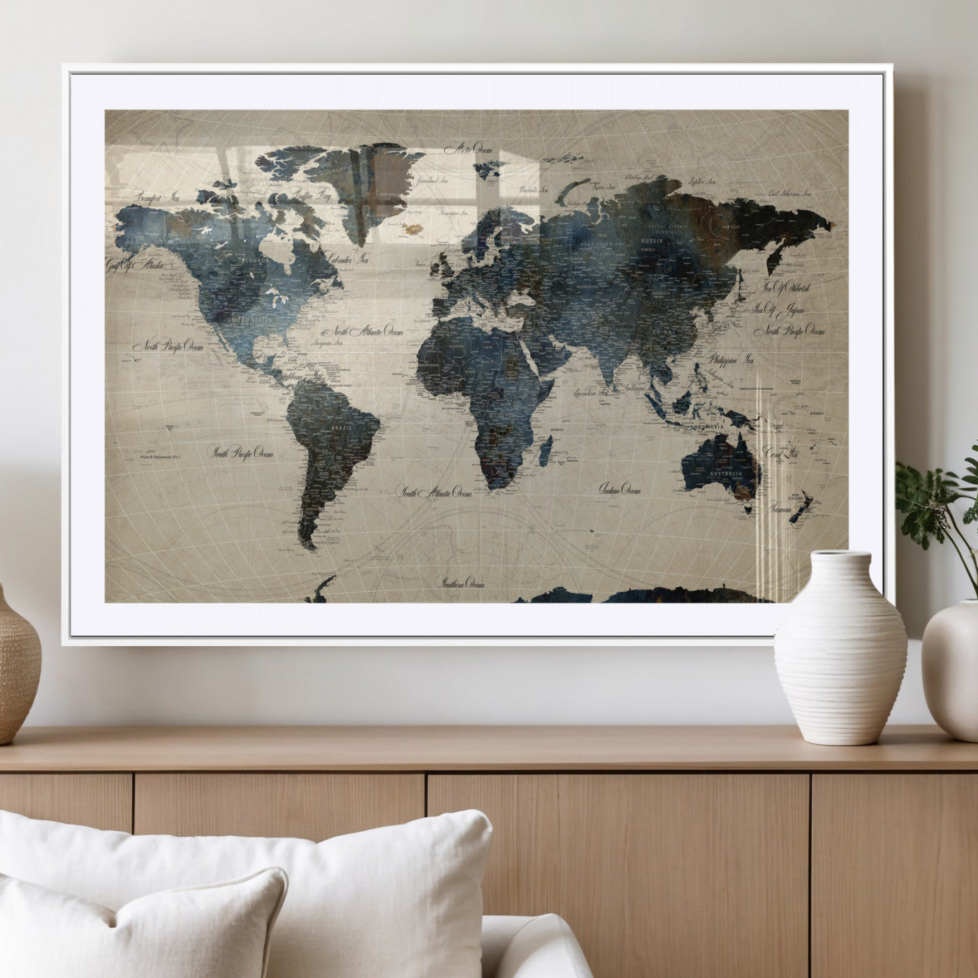 33438443-MGC-FP-36x24 - World Map Wall Art Canvas Print, Modern Decorative Framed Map Artwork Prints for Living Room, Office, Bedroom Wall Decor