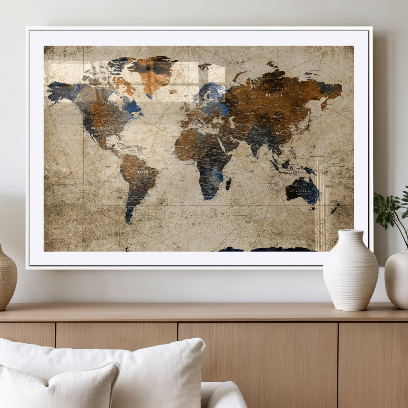 56297284-MGC-FP-36x24 - World Map Wall Art Canvas Print, Modern Decorative Framed Map Artwork Prints for Living Room, Office, Bedroom Wall Decor