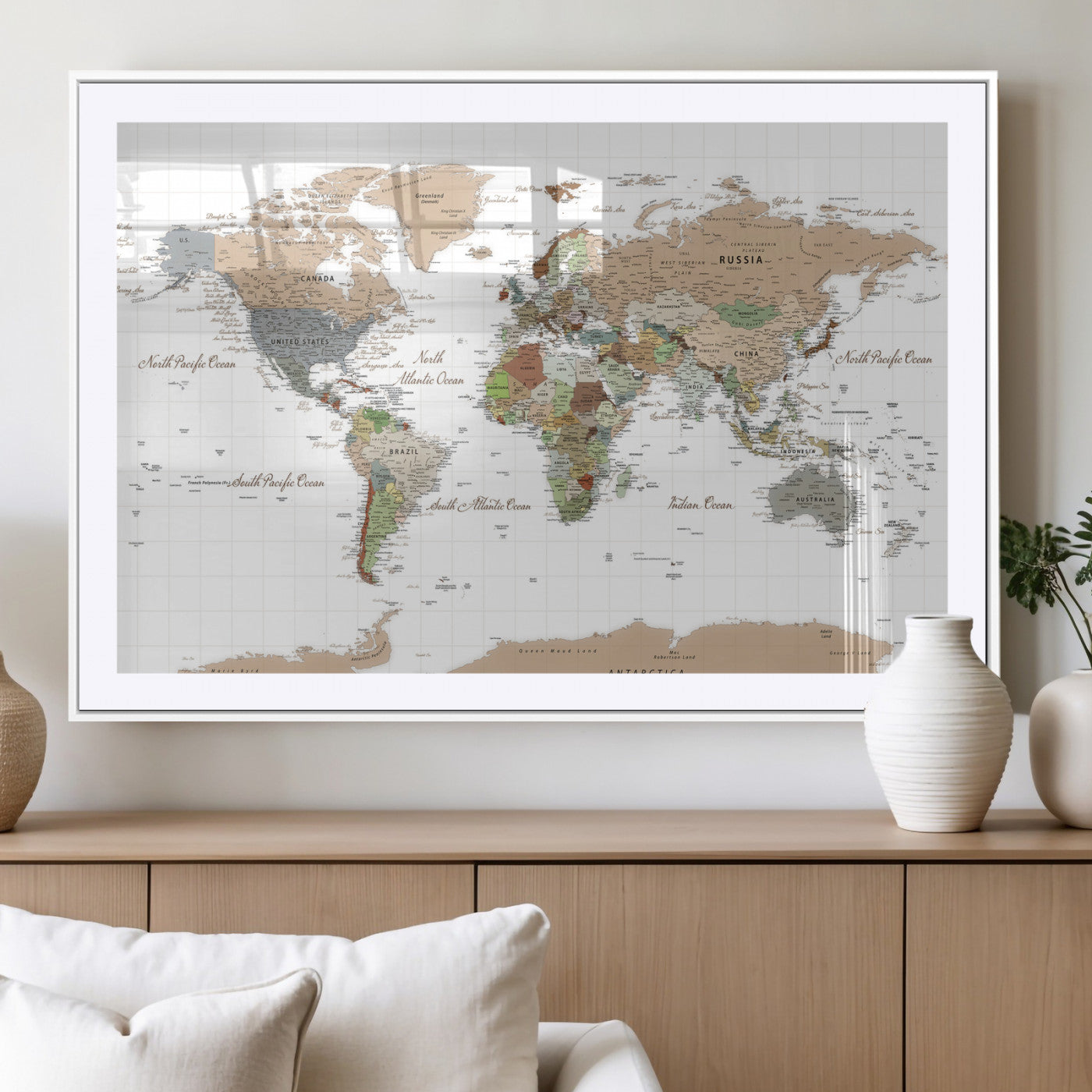 91286788-MGV-CV-36X24 - World Map Wall Art Canvas Print, Modern Decorative Framed Map Artwork Prints for Living Room, Office, Bedroom Wall Decor