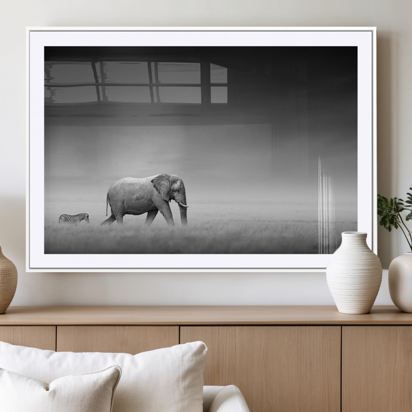 MGC-FP-36x24 - Elephand and Zebra Wall Art Canvas Print, Modern Artwork