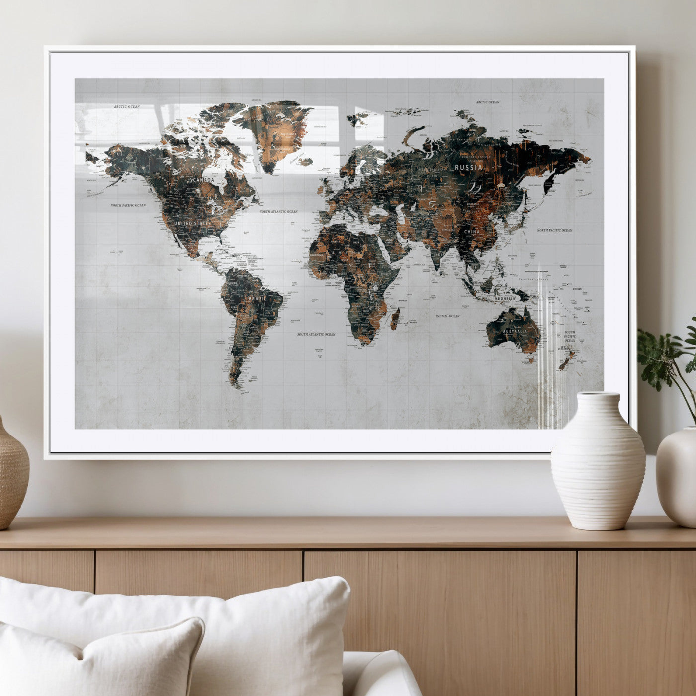 60008766-MGV-CV-36X24 - World Map Wall Art Canvas Print, Modern Decorative Framed Map Artwork Prints for Living Room, Office, Bedroom Wall Decor