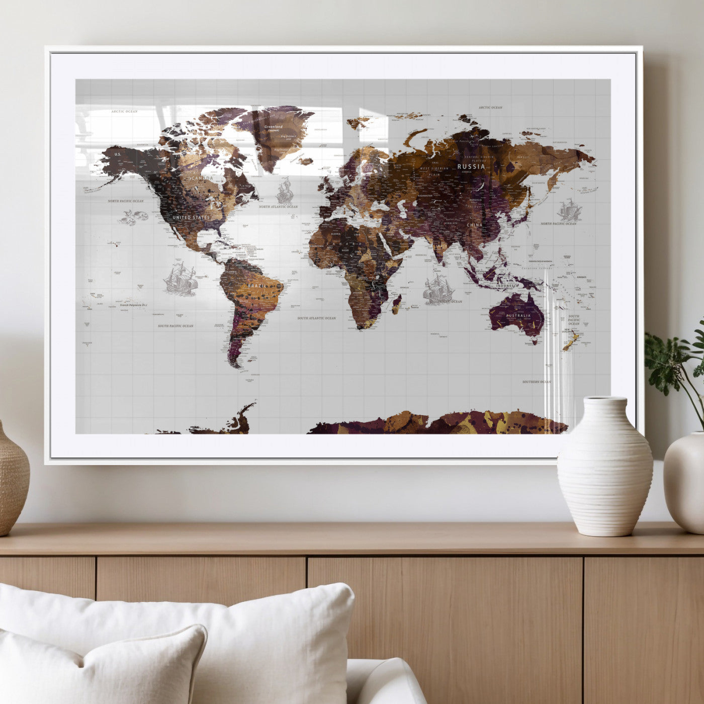 34792695-MGV-CV-36X24 - World Map Wall Art Canvas Print, Modern Decorative Framed Map Artwork Prints for Living Room, Office, Bedroom Wall Decor
