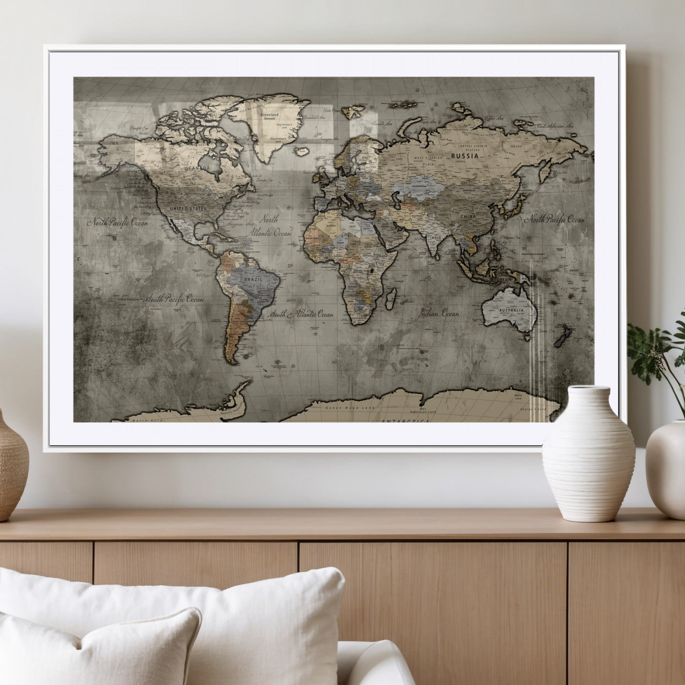 85218700-MGV-CV-36X24 - World Map Wall Art Canvas Print, Modern Decorative Framed Map Artwork Prints for Living Room, Office, Bedroom Wall Decor