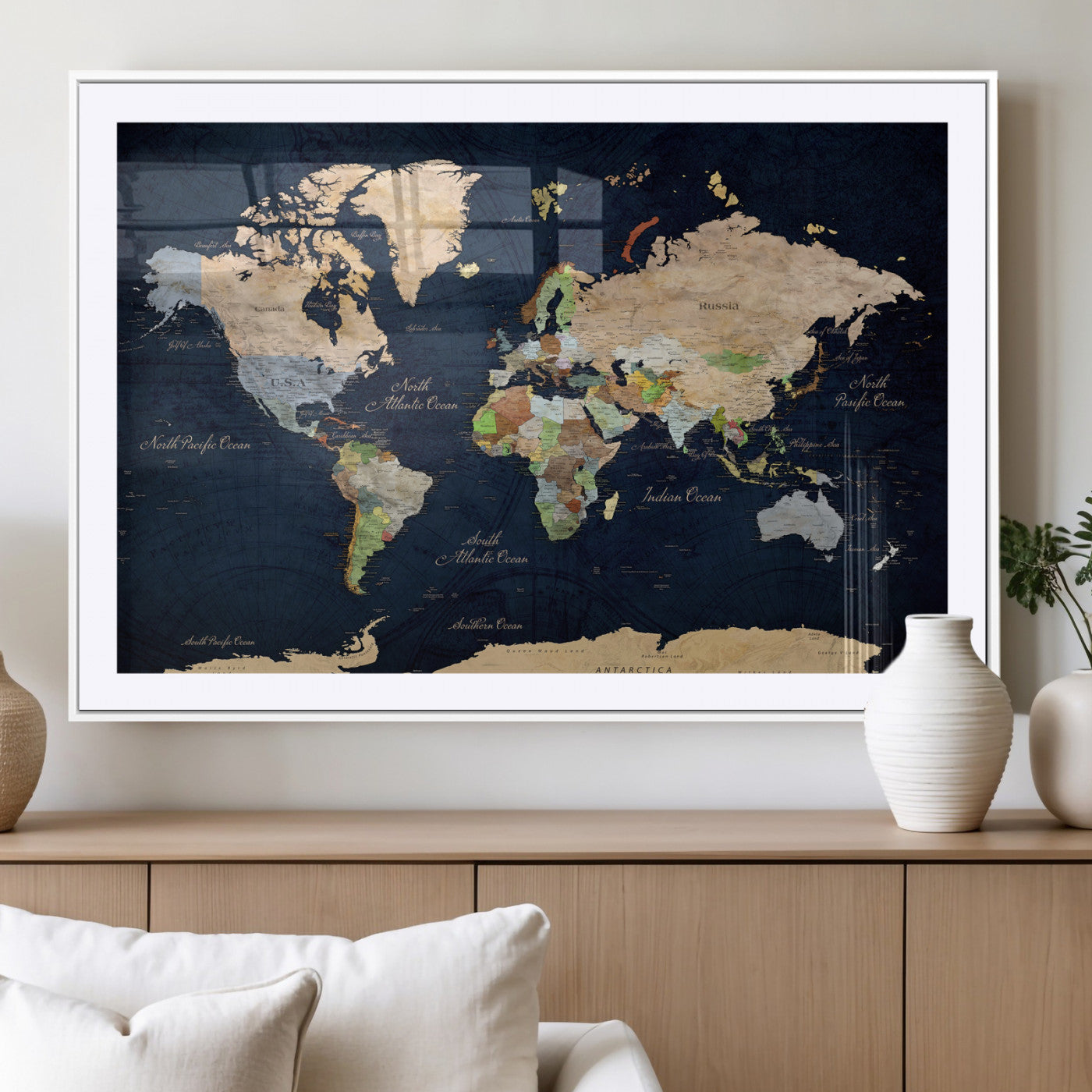 76603563-MGV-CV-36X24 - World Map Wall Art Canvas Print, Modern Decorative Framed Map Artwork Prints for Living Room, Office, Bedroom Wall Decor