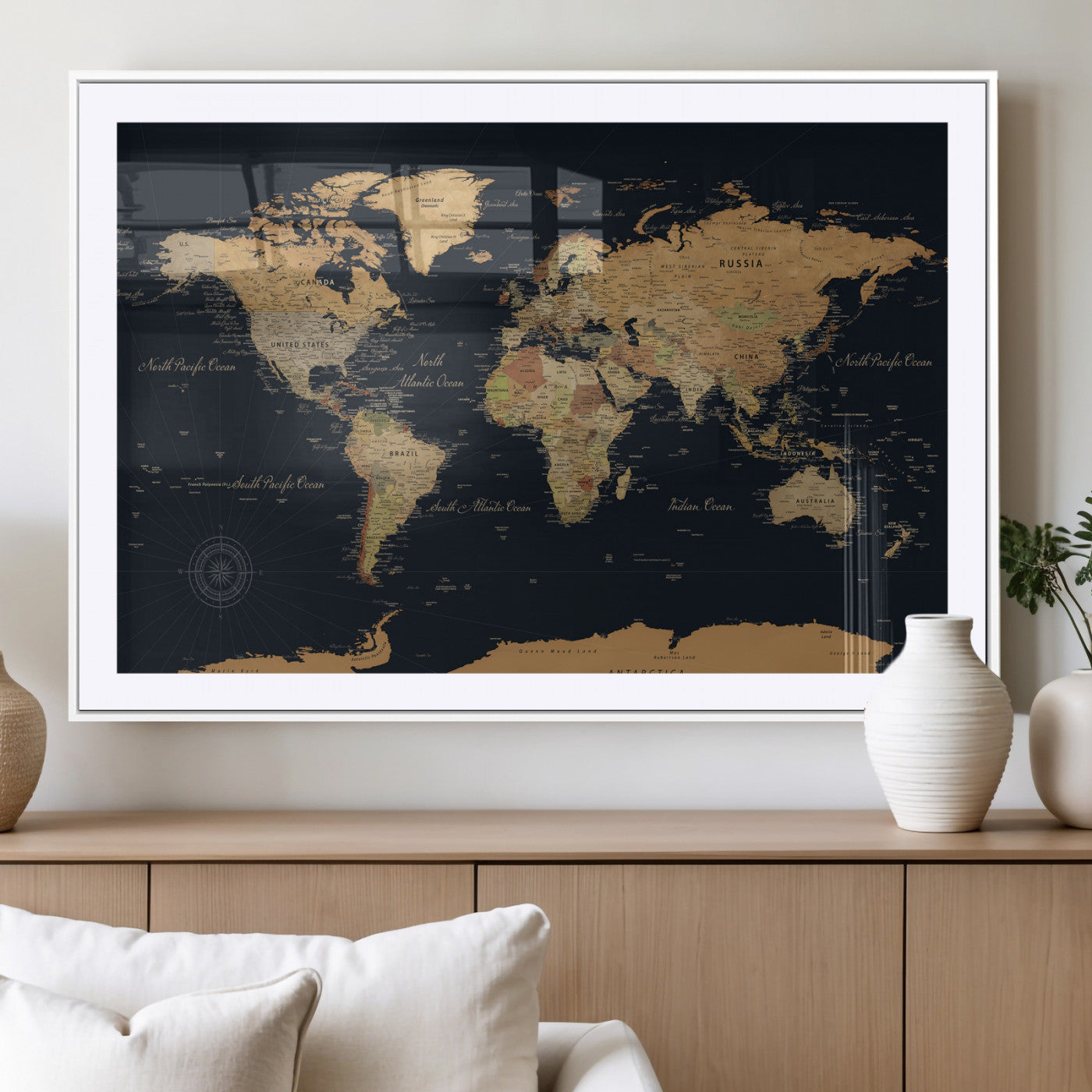87280374-MGV-CV-36X24 - World Map Wall Art Canvas Print, Modern Decorative Framed Map Artwork Prints for Living Room, Office, Bedroom Wall Decor