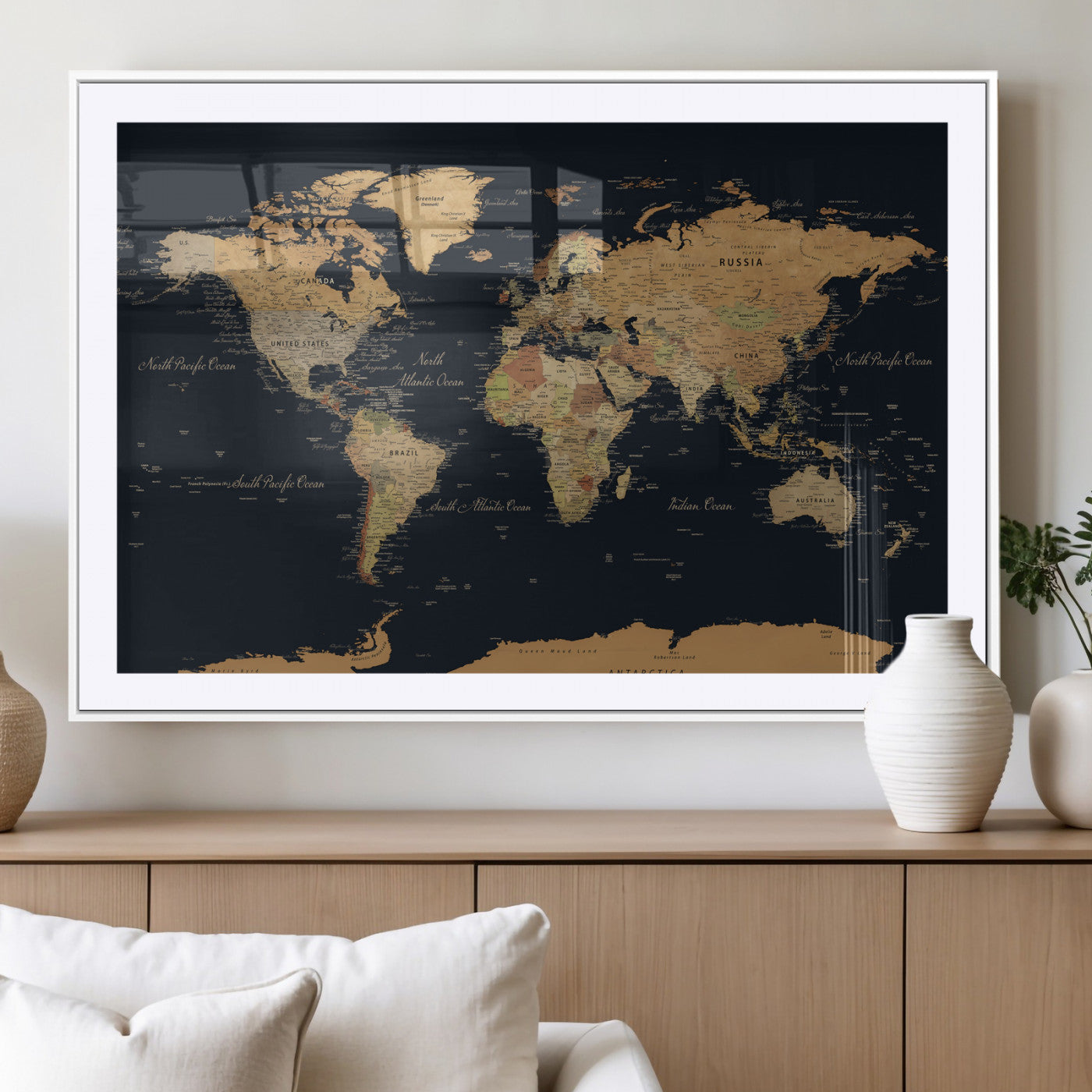 36916368-MGV-CV-36X24 - World Map Wall Art Canvas Print, Modern Decorative Framed Map Artwork Prints for Living Room, Office, Bedroom Wall Decor