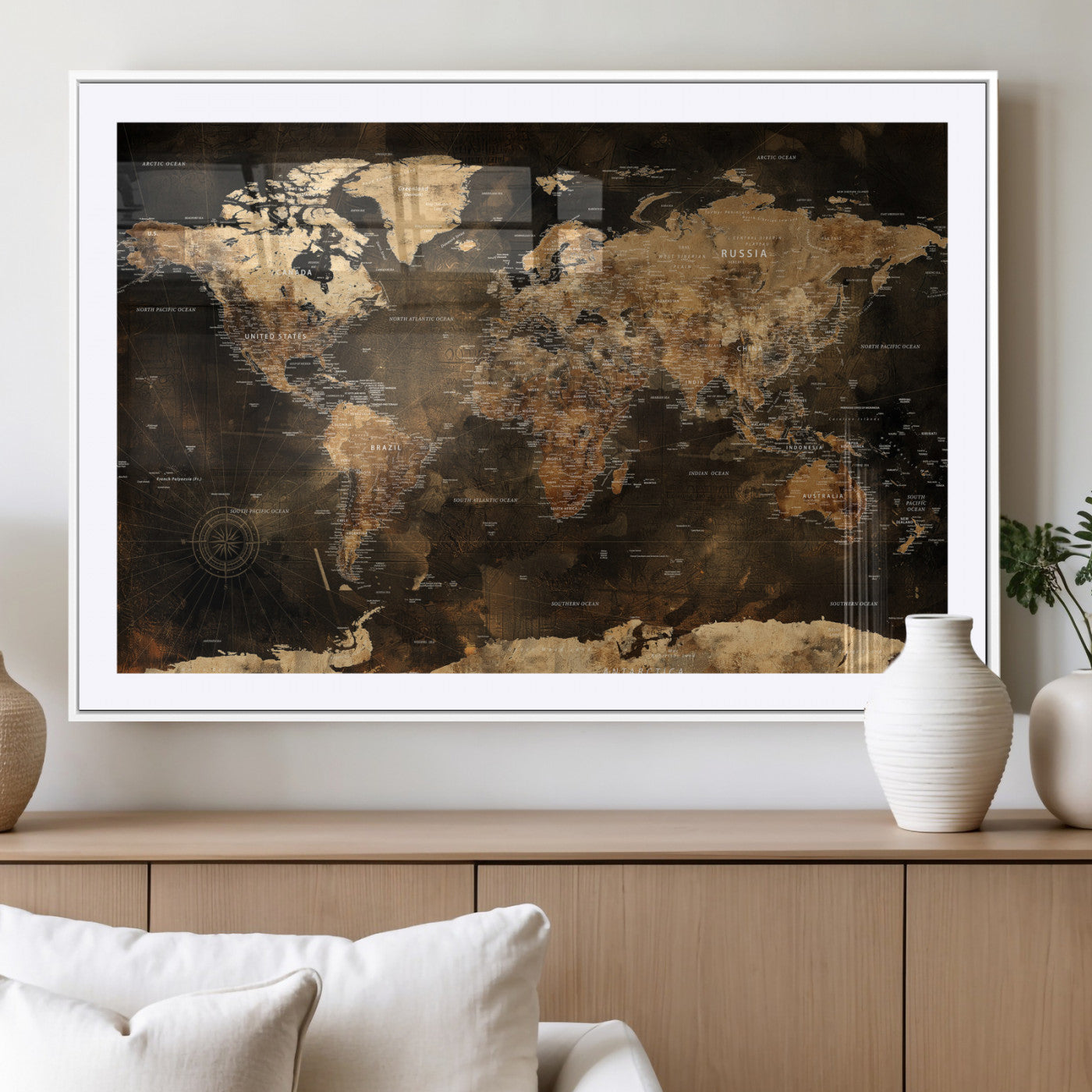97742922-MGV-CV-36X24 - World Map Wall Art Canvas Print, Modern Decorative Framed Map Artwork Prints for Living Room, Office, Bedroom Wall Decor