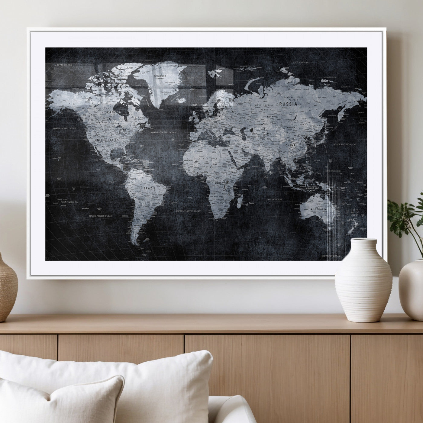 86893704-MGV-CV-36X24 - World Map Wall Art Canvas Print, Modern Decorative Framed Map Artwork Prints for Living Room, Office, Bedroom Wall Decor