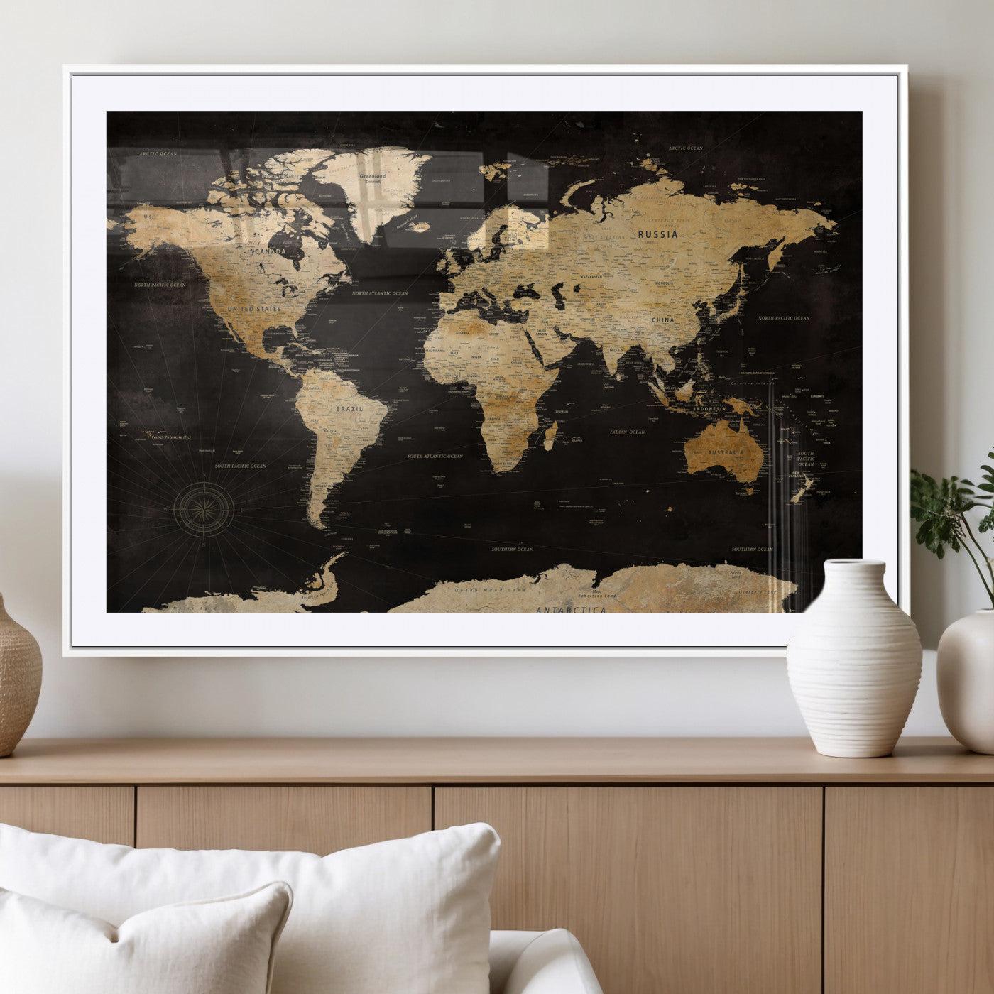 70468159-MGV-CV-36X24 - World Map Wall Art Canvas Print, Modern Decorative Framed Map Artwork Prints for Living Room, Office, Bedroom Wall Decor