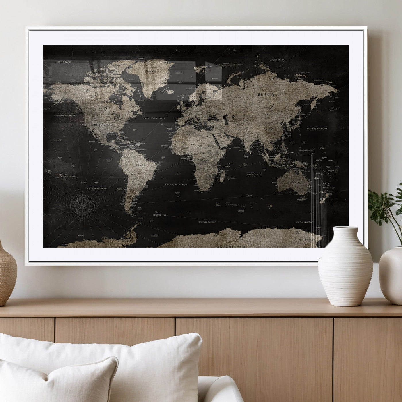 56225956-MGV-CV-36X24 - World Map Wall Art Canvas Print, Modern Decorative Framed Map Artwork Prints for Living Room, Office, Bedroom Wall Decor