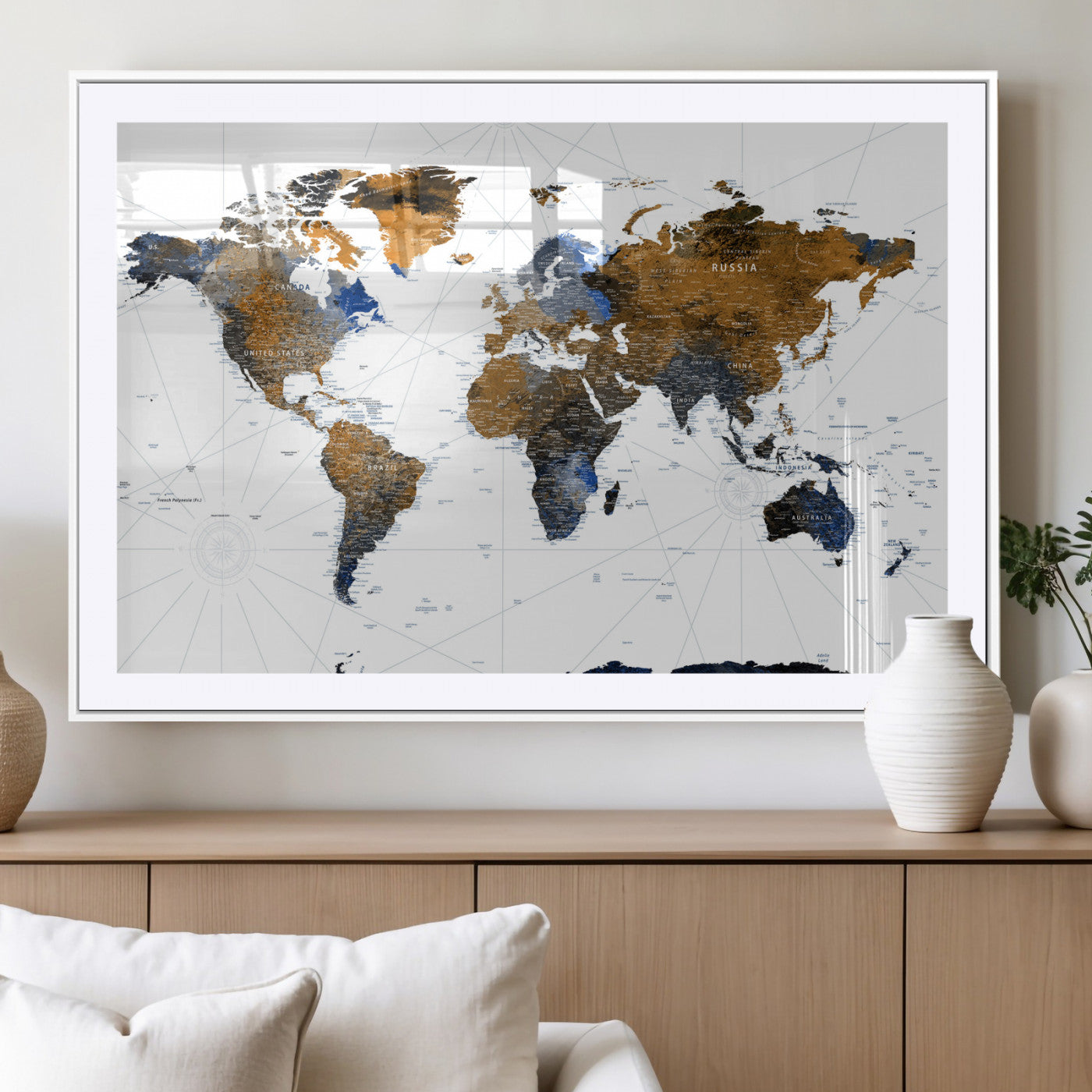56364879-MGV-CV-36X24 - World Map Wall Art Canvas Print, Modern Decorative Framed Map Artwork Prints for Living Room, Office, Bedroom Wall Decor