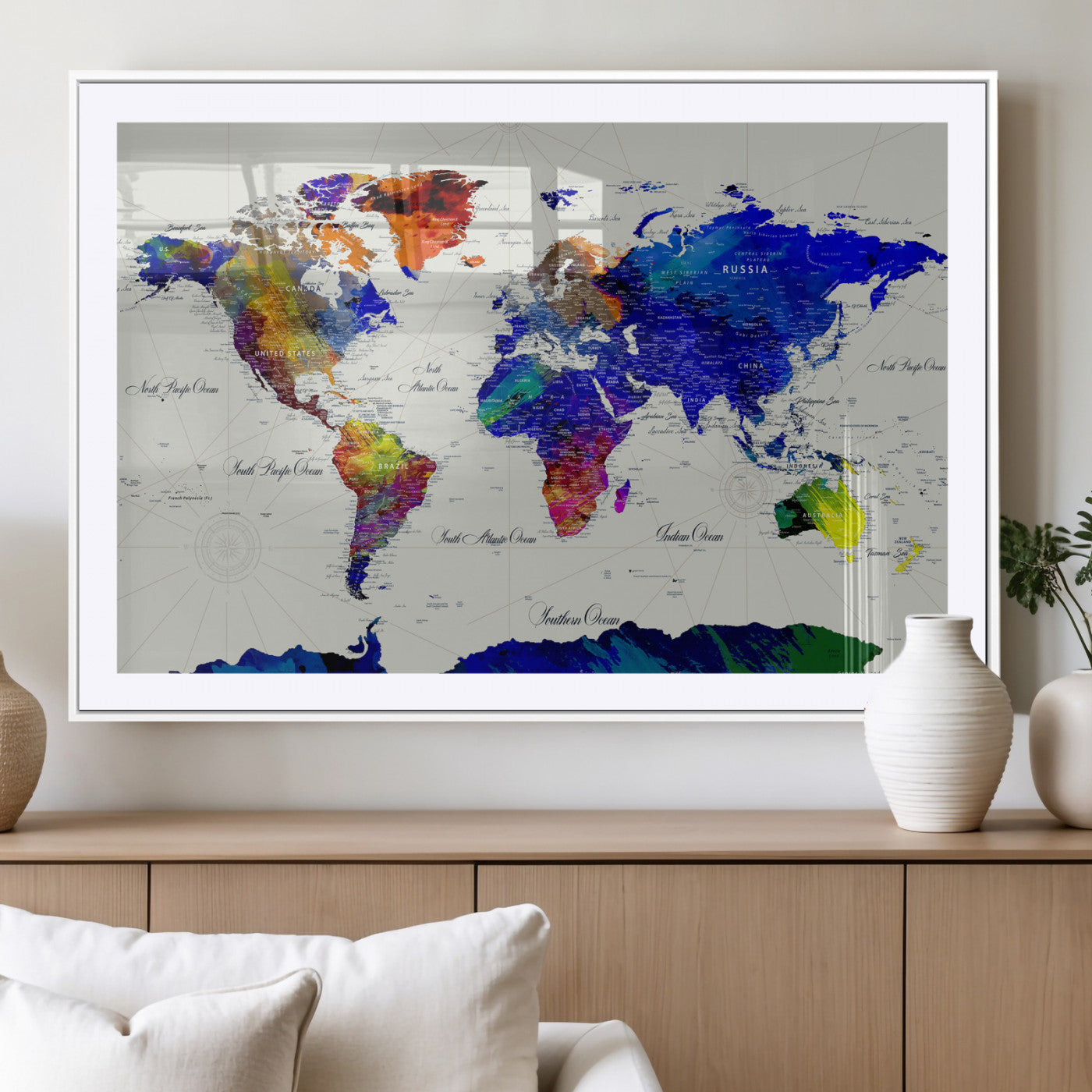 49670038-MGV-CV-36X24 - World Map Wall Art Canvas Print, Modern Decorative Framed Map Artwork Prints for Living Room, Office Decor
