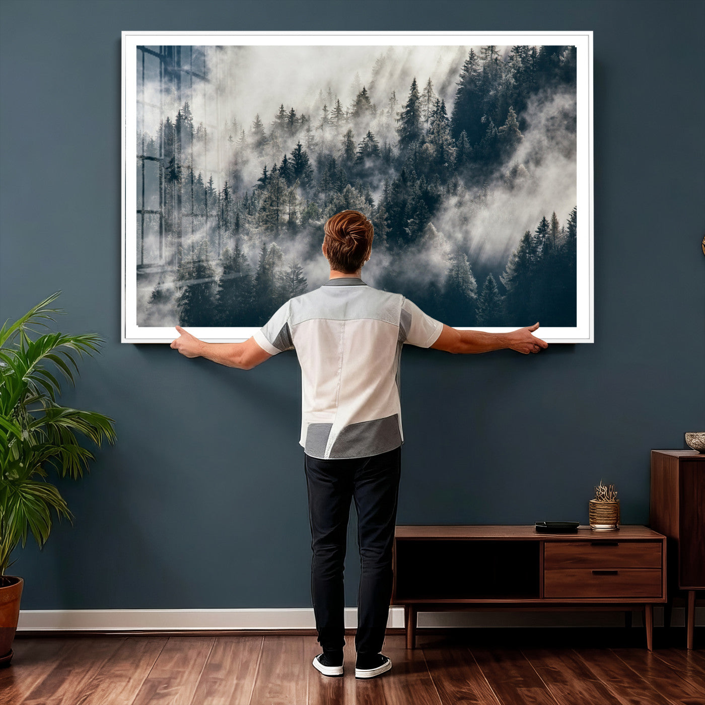 63405824-MGV-CV-36X24 - Foggy Mountain Forest Canvas Print, Misty Pine Trees Nature Wall Art, Framed Canvas Ready to Hang