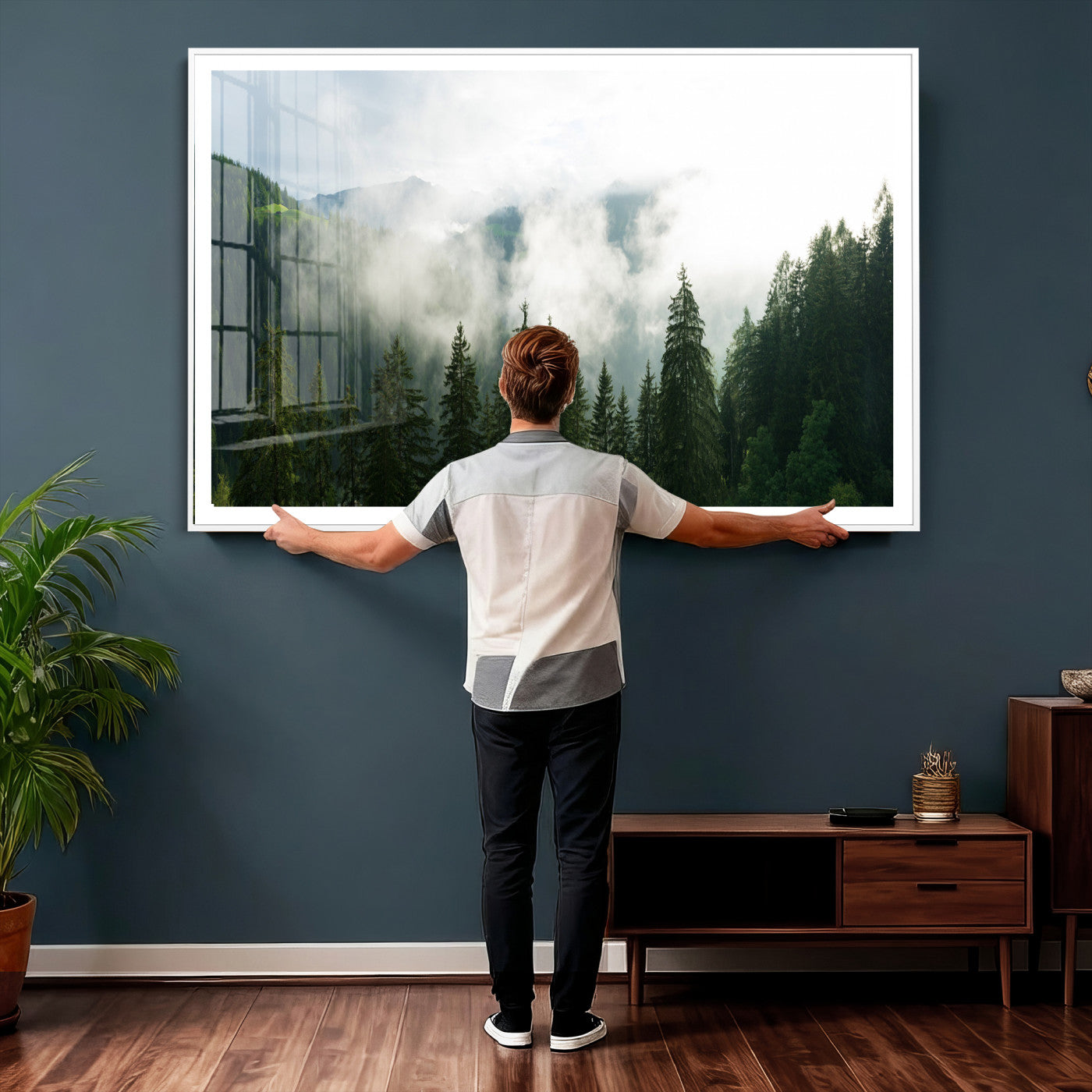 67174129-MGV-CV-36X24 - Misty Mountain Forest Canvas Print, Foggy Pine Trees Nature Wall Art, Framed Canvas Ready to Hang