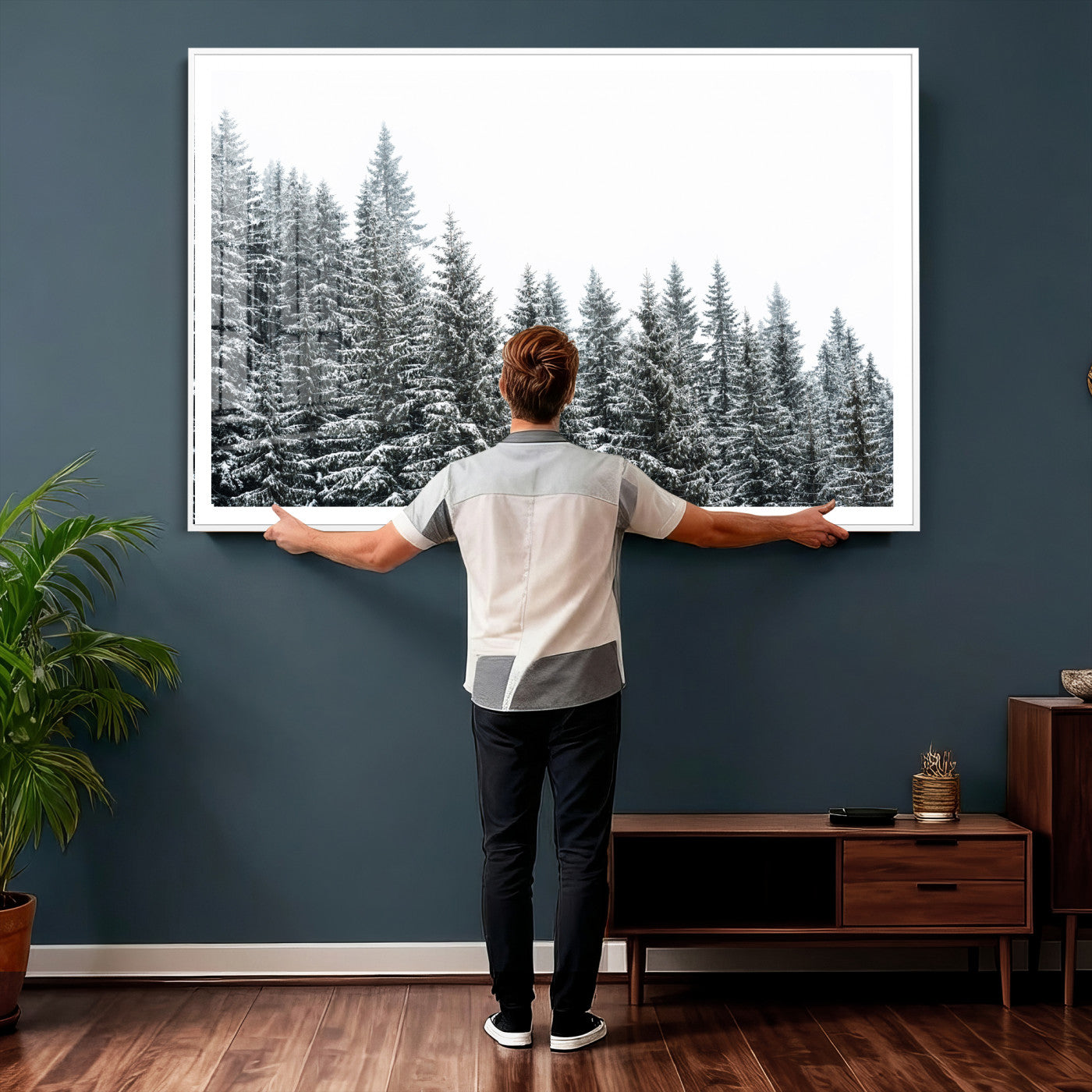 69566941-MGV-CV-36X24 - Misty Mountain Forest Canvas Print, Foggy Pine Trees Nature Wall Art, Framed Canvas Ready to Hang