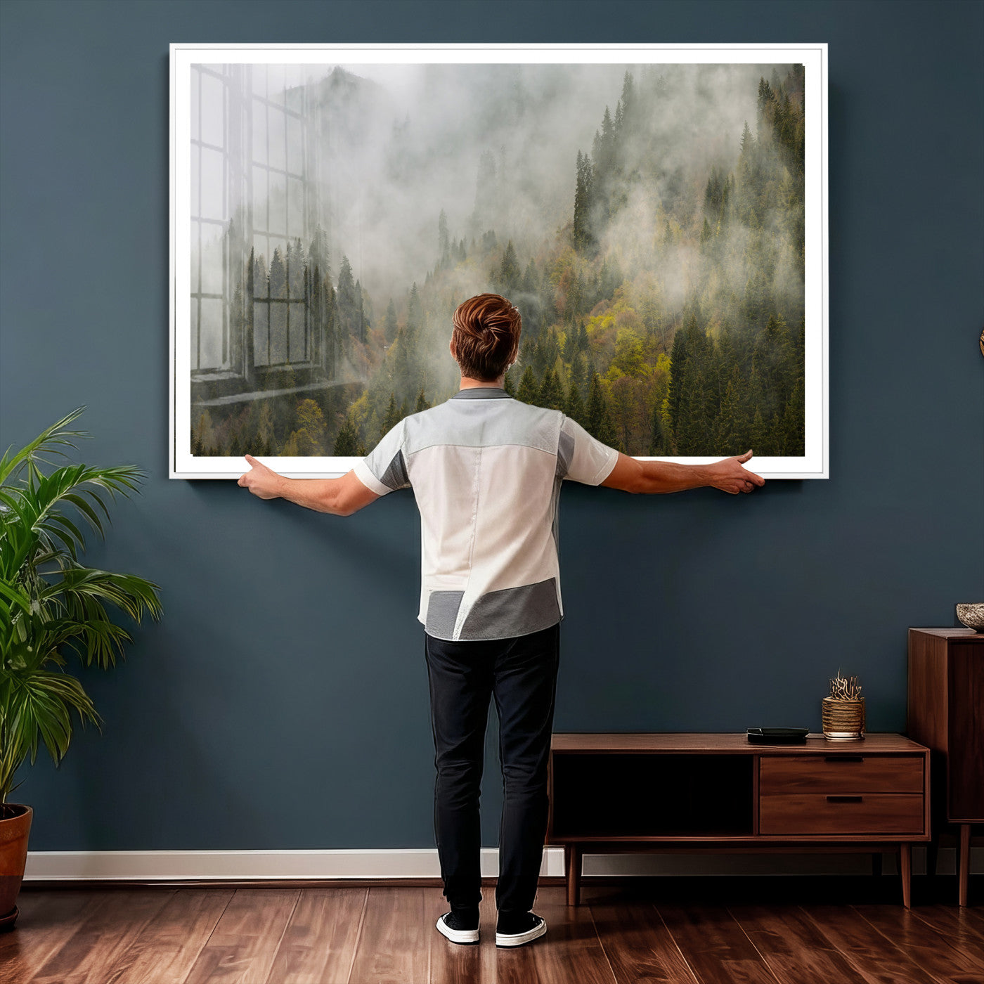 31152954-MGV-CV-36X24 - Misty Mountain Forest Canvas Print, Foggy Pine Trees Nature Wall Art, Framed Canvas Ready to Hang