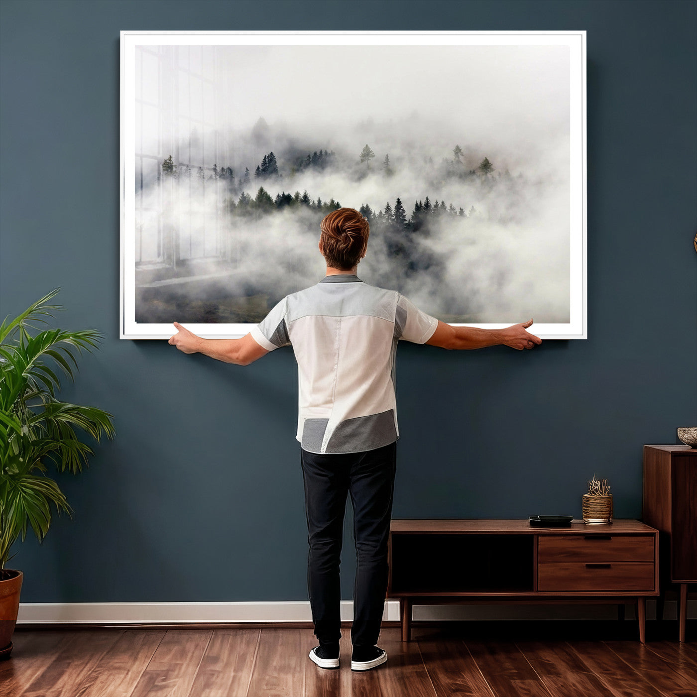 63235457-MGV-CV-36X24 - Foggy Forest Wall Art Canvas Print, Misty Pine Tree Landscape Wall Art Print, Framed Wall Art Ready to Hang