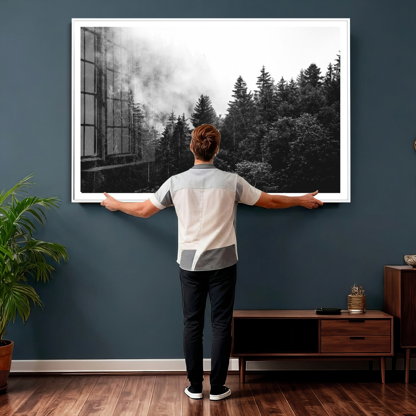 98764151-MGV-CV-36X24 - Black and White Forest Wall Art Canvas Print, Misty Pine Tree Landscape Photography, Framed Wall Art Ready to Hang