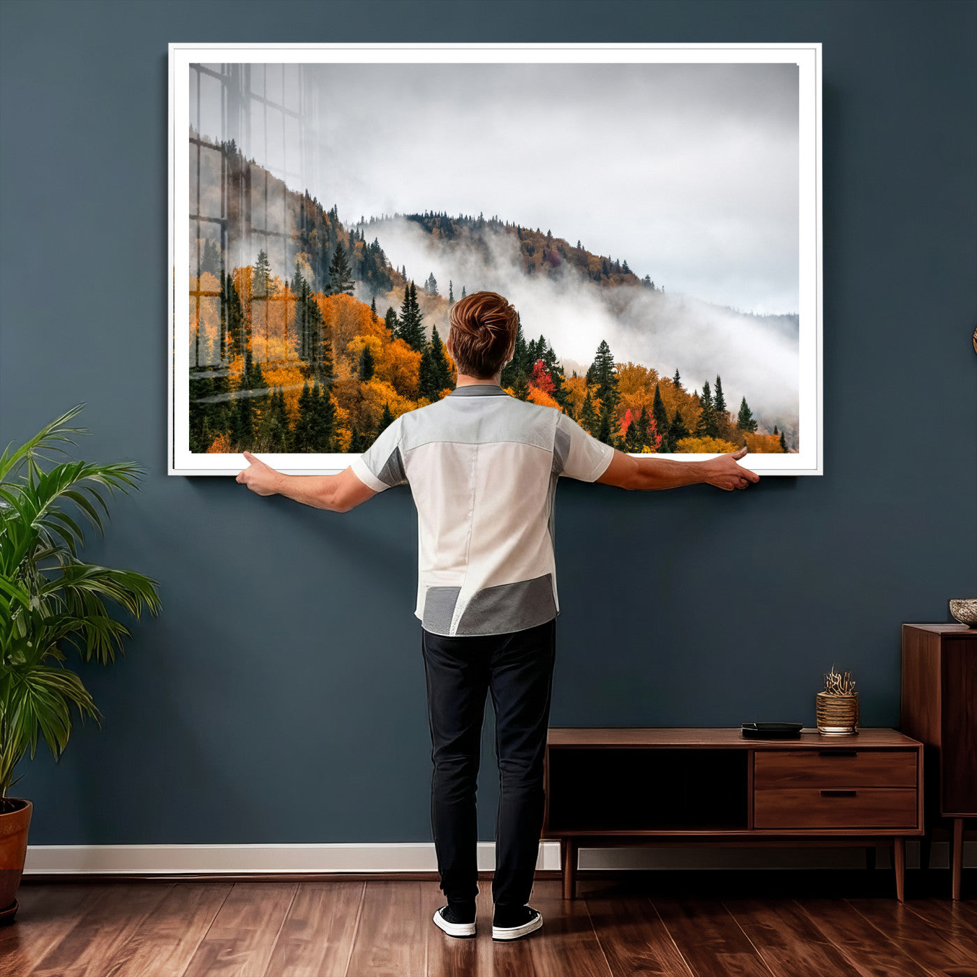 93581632-MGV-CV-36X24 - Autumn Forest Wall Art Canvas Print, Foggy Mountain Landscape Nature Photography, Framed Wall Art Ready to Hang