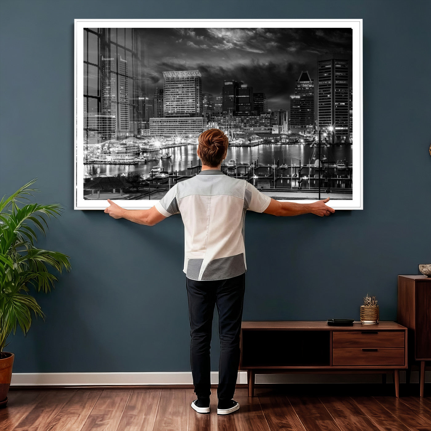 79755655-MGV-CV-36X24 - Baltimore Skyline Wall Art Canvas Print, Baltimore Downtown Night Cityscape Print for Modern Urban Wall Decor