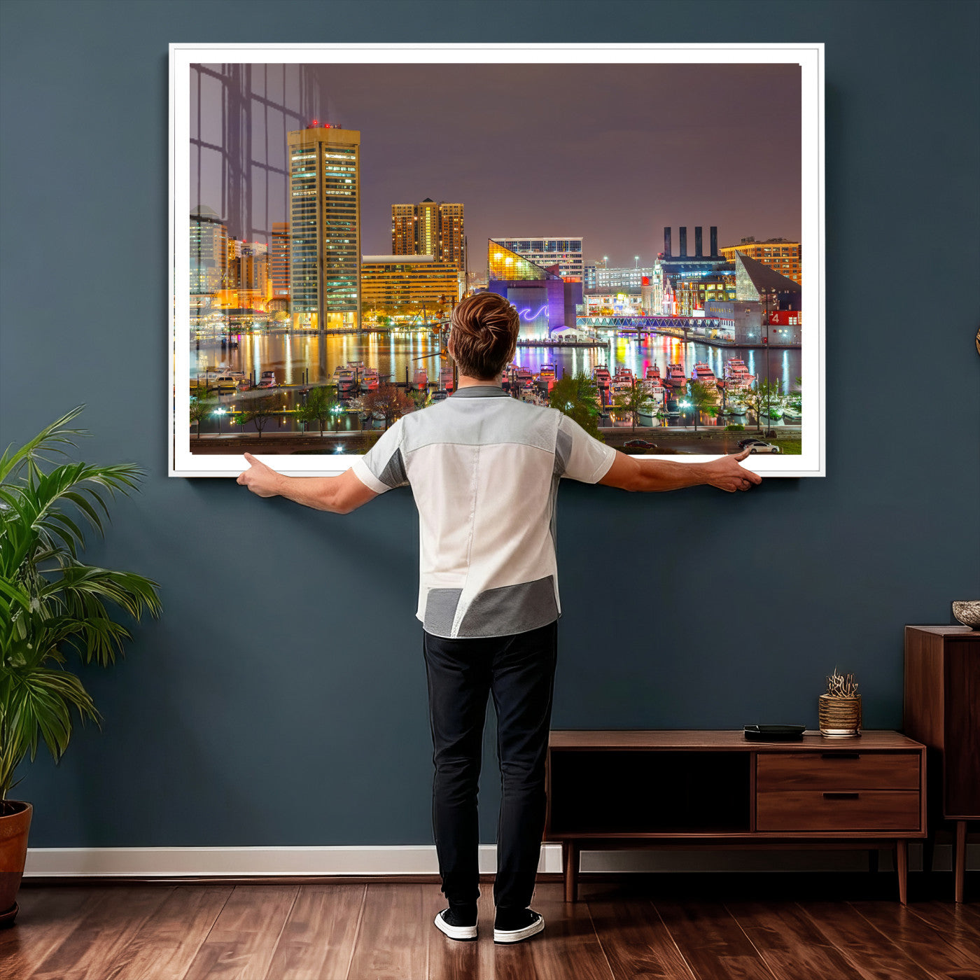 42654823-MGV-CV-36X24 - Baltimore Skyline Wall Art Canvas Print, Baltimore Downtown Night Cityscape Print for Modern Urban Wall Decor