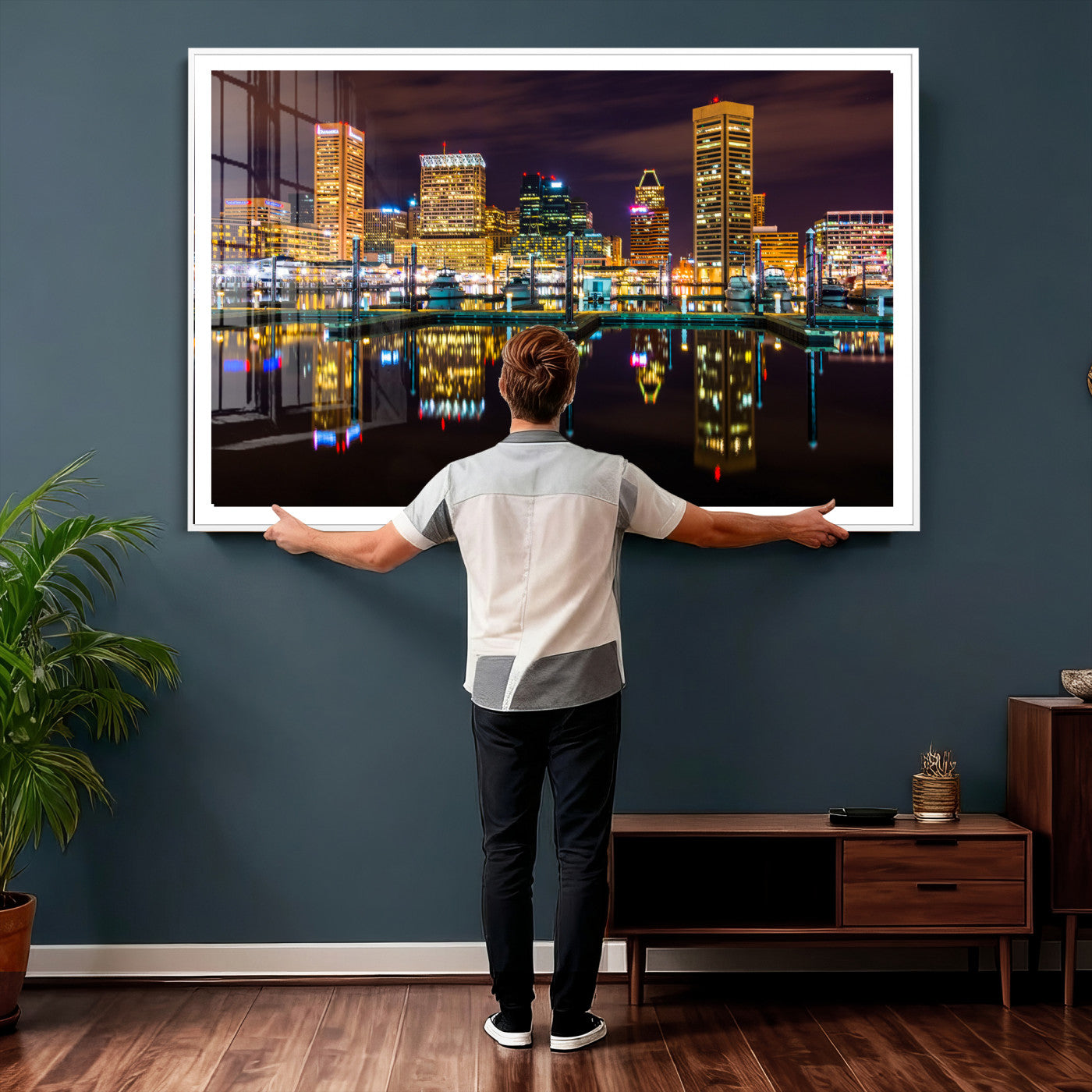 38201692-MGV-CV-36X24 - Baltimore Skyline Wall Art Canvas Print, Baltimore Downtown Night Cityscape Print for Modern Urban Wall Decor