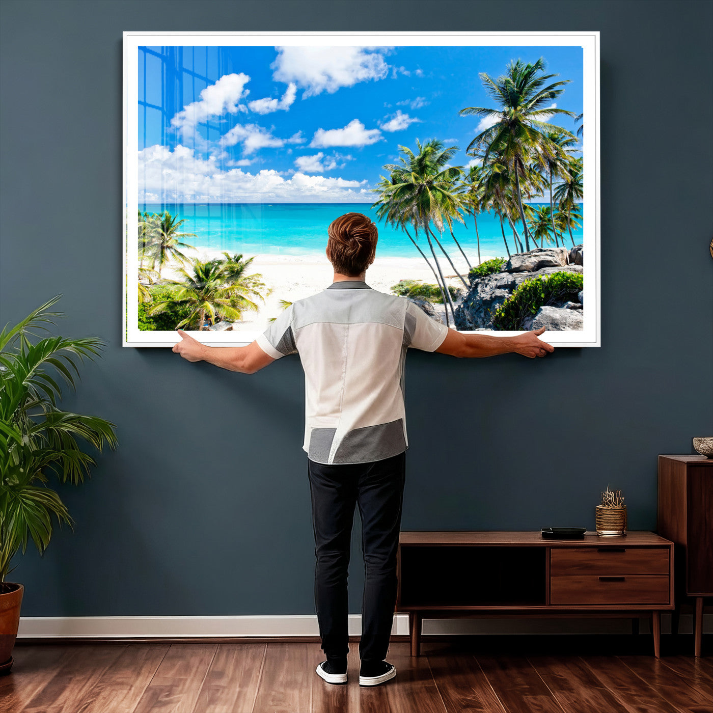 29232878-MGV-CV-36X24 - Barbados Beach Wall Art Canvas Print, Palm Tree Ocean Landscape, Turquoise Sea Coastal Photography, Tropical Island Wall Decor, Framed Ready to Hang