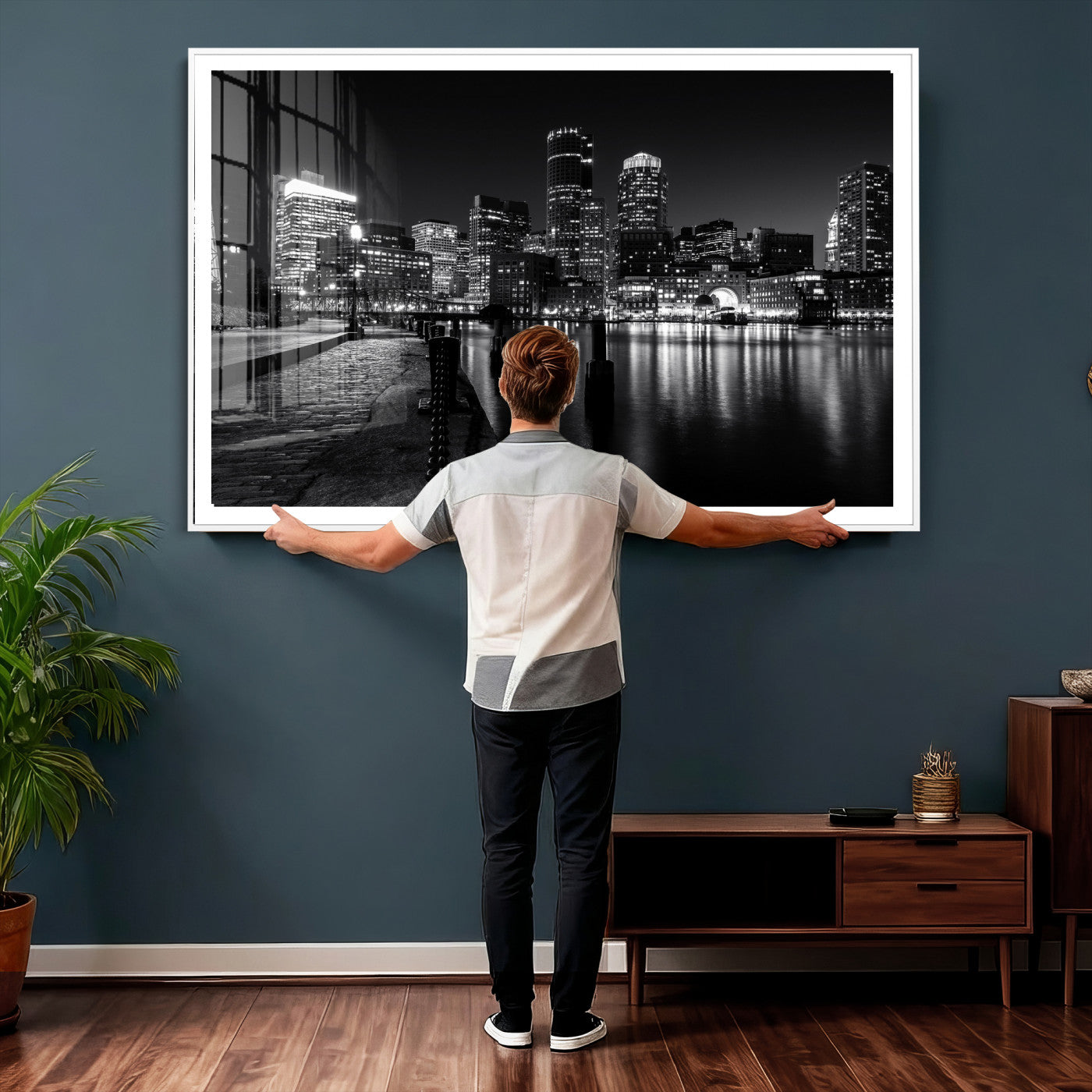 53082656-MGV-CV-36X24 - Boston Wall Art Canvas Print, Boston City Downtown Night Cityscape Print for Modern Urban Wall Decor
