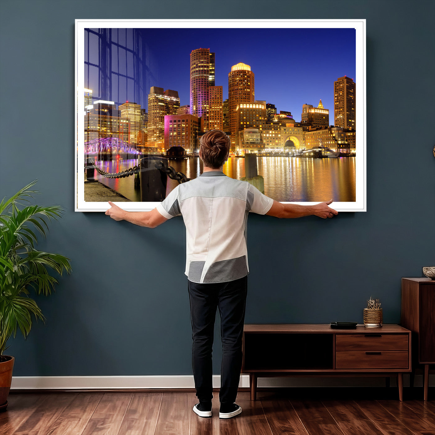 56611117-MGV-CV-36X24 - Boston Wall Art Canvas Print, Boston City Downtown Night Cityscape Print for Modern Urban Wall Decor