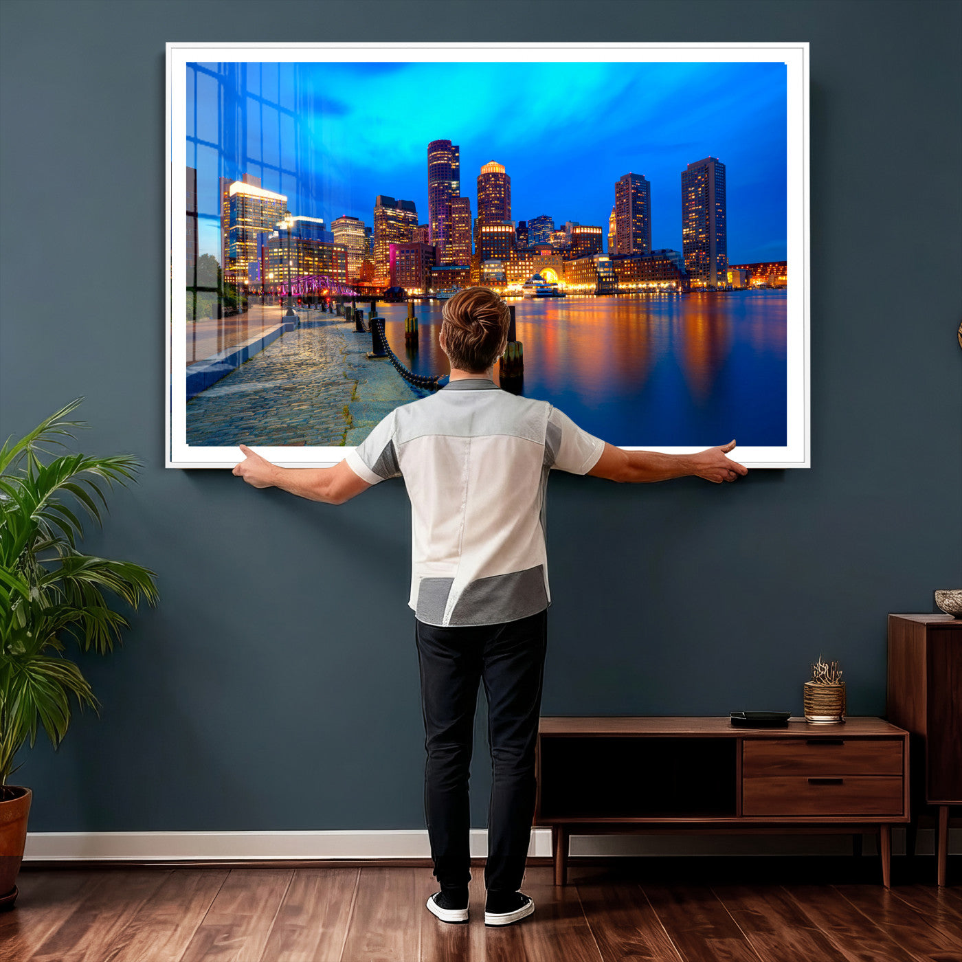 69619565-MGV-CV-36X24 - Boston Wall Art Canvas Print, Boston City Downtown Night Cityscape Print for Modern Urban Wall Decor