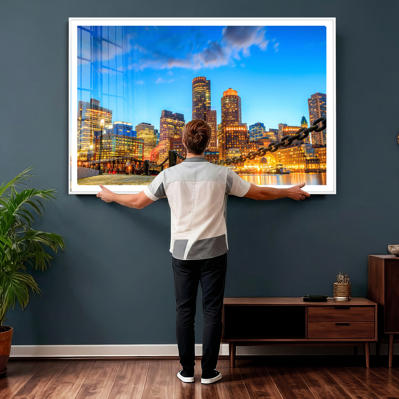 46736409-MGV-CV-36X24 - Boston Wall Art Canvas Print, Boston City Downtown Night Cityscape Print for Modern Urban Wall Decor